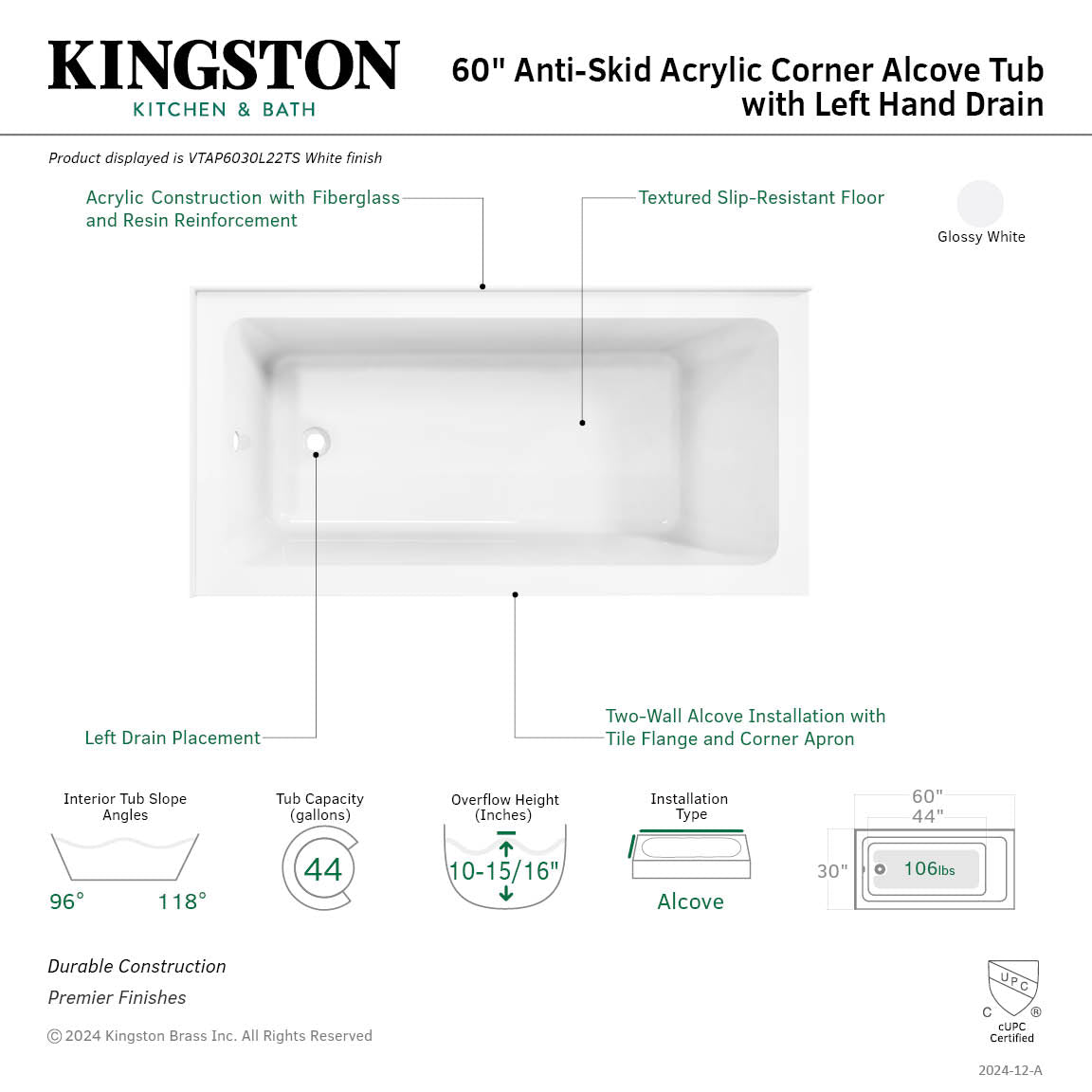 Aqua Eden VTAP6030L22TS 60-Inch Acrylic Rectangular Corner Bathtub - Left Hand Drain, Glossy White - Perfect for Small Bathrooms & Spa-Like Retreats
