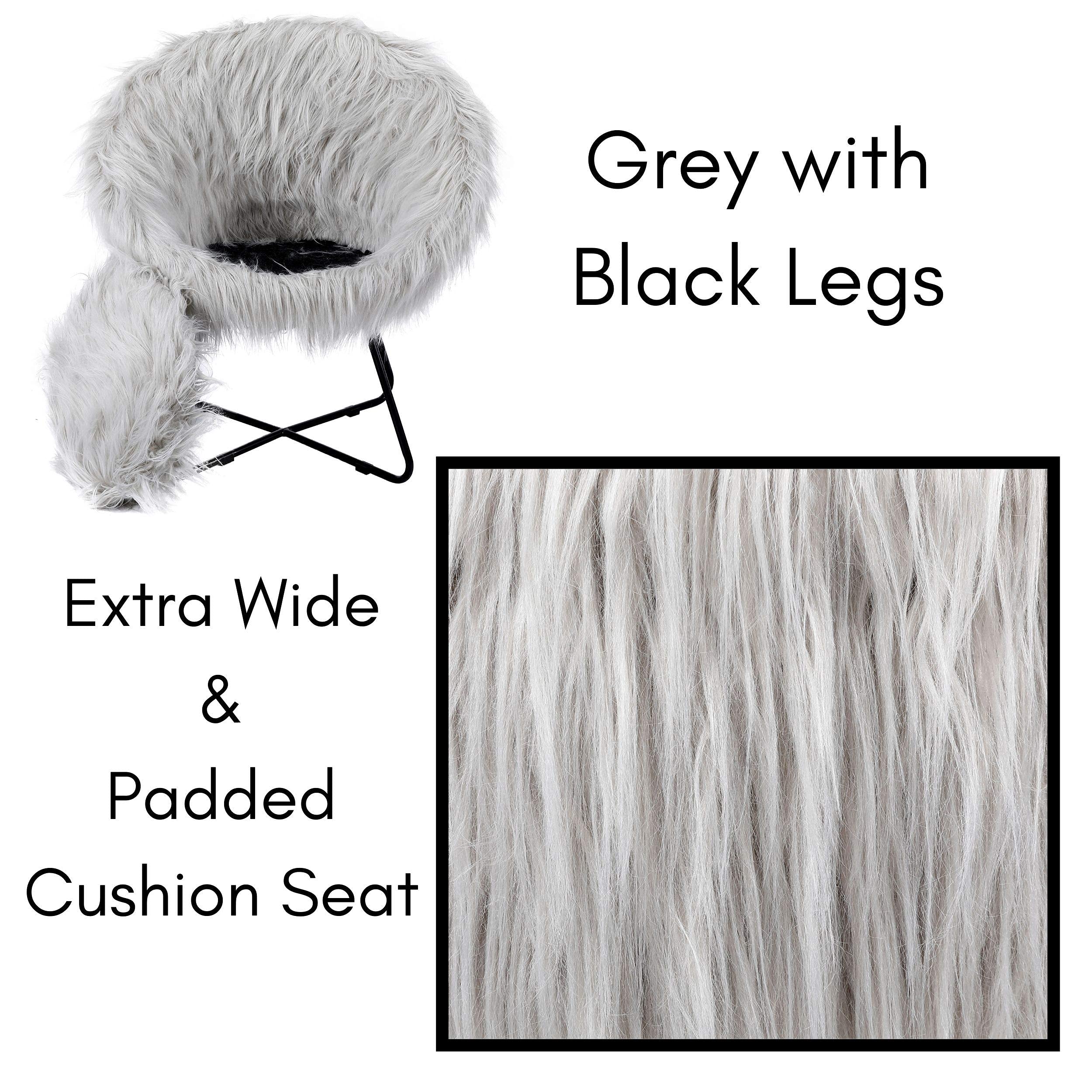 Luxury Faux Fur Papasan Chair with Black Metal Legs - Ultra Soft & Lightweight Moon Chair - Wide Round Cushion Seat for Living Room, Bedroom, Playroom - Fluffy Grey Circle Chair for Relaxing & Reading