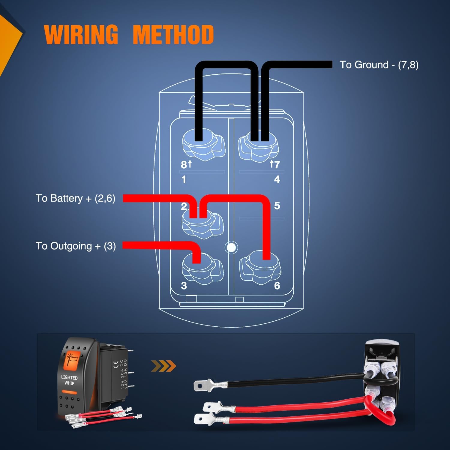 5Pin SPST On/Off UTV Lighted Whip Rocker Switch with Orange Backlit - Perfect for Off-Road Vehicles, ATVs, and UTVs