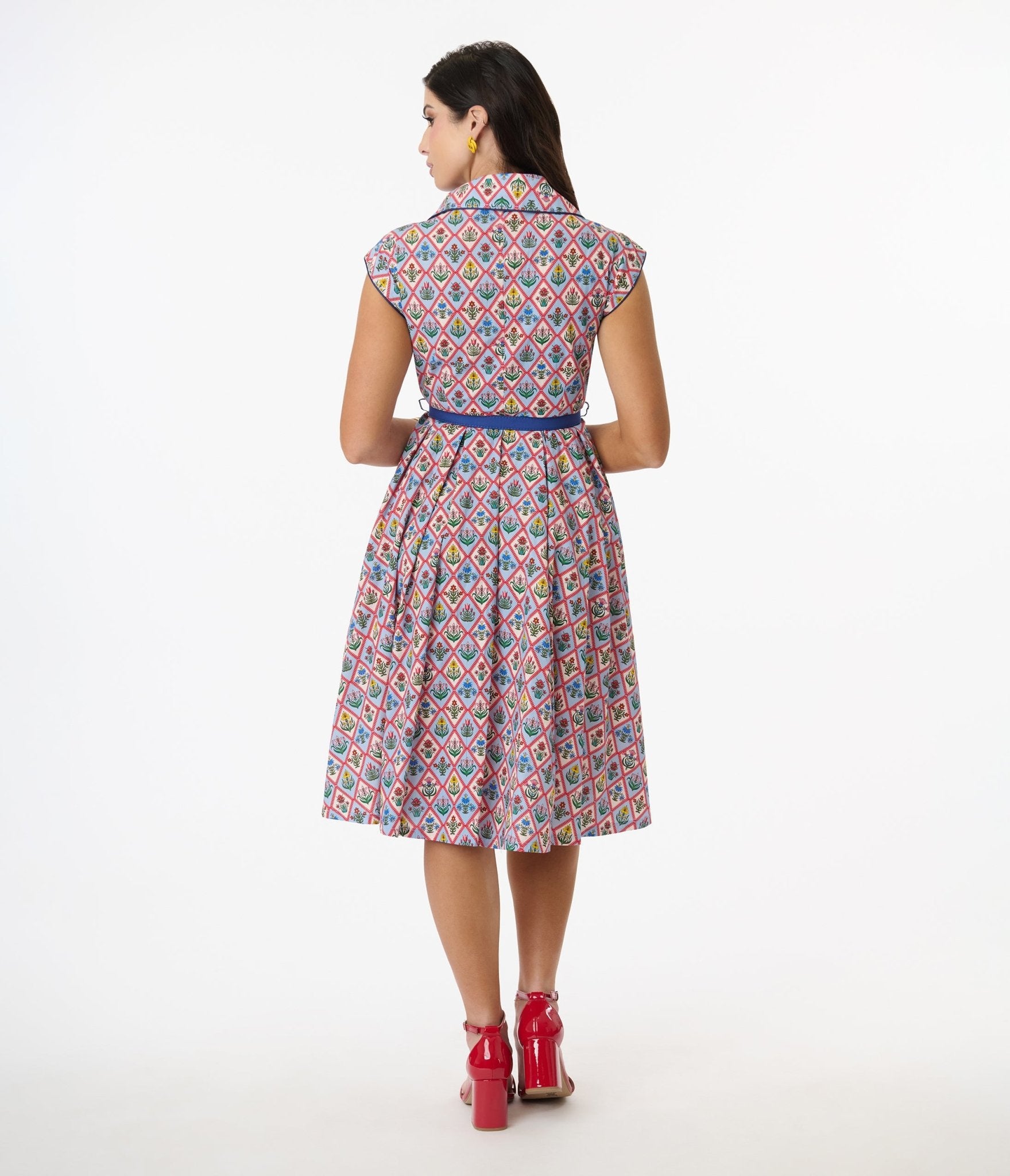 Vintage Blue Diamond Floral Print Swing Dress - Retro 1950s Style Women's Casual Dress for Parties, Date Nights & Special Occasions