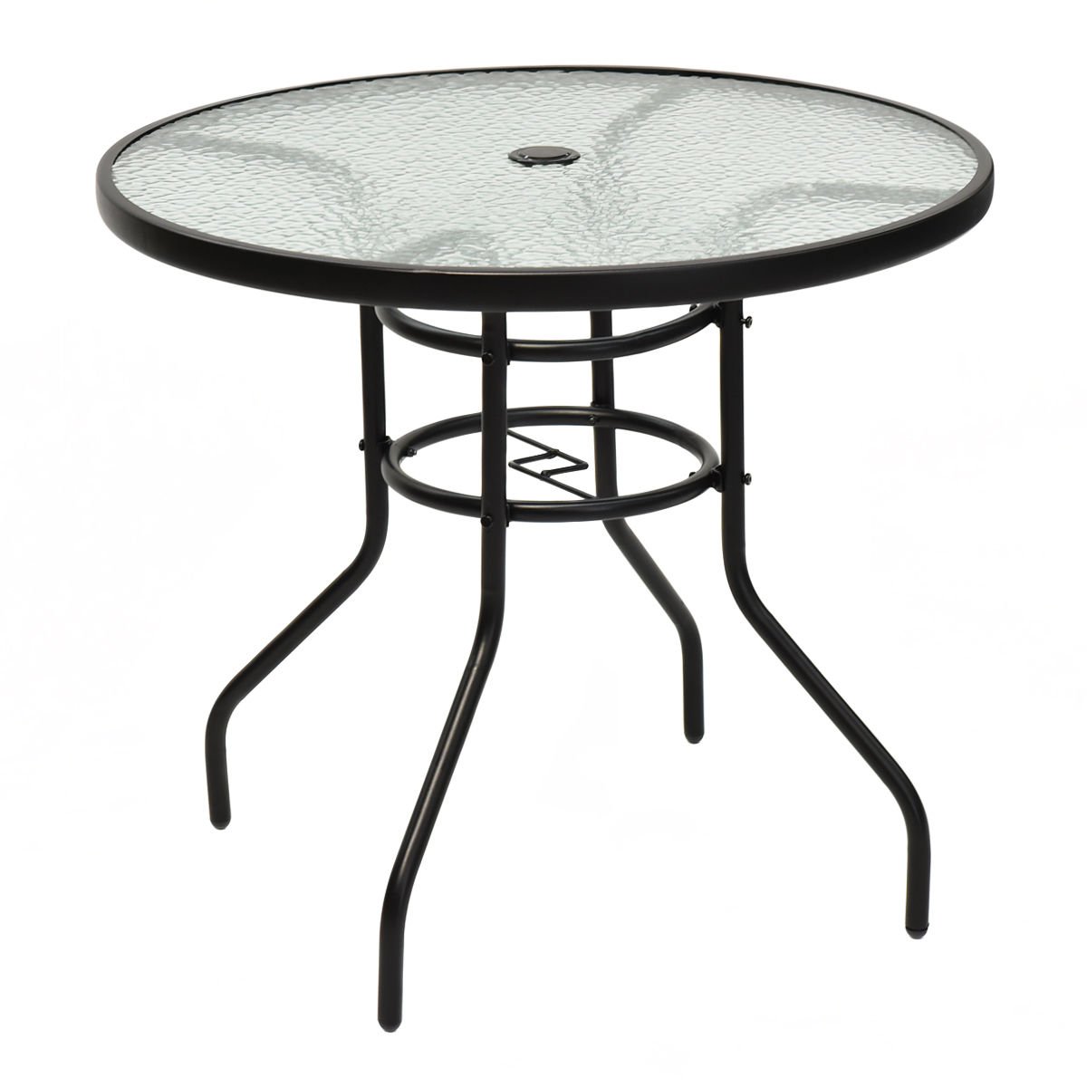 Tangkula 32 Inch Round Outdoor Patio Table with Steel Frame & Tempered Glass Top - Commercial Grade Party Event Furniture, Conversation Coffee Table for Backyard, Lawn, Balcony, Poolside (Includes Umbrella Hole) | Perfect for Outdoor Dining, Lounging & Entertaining