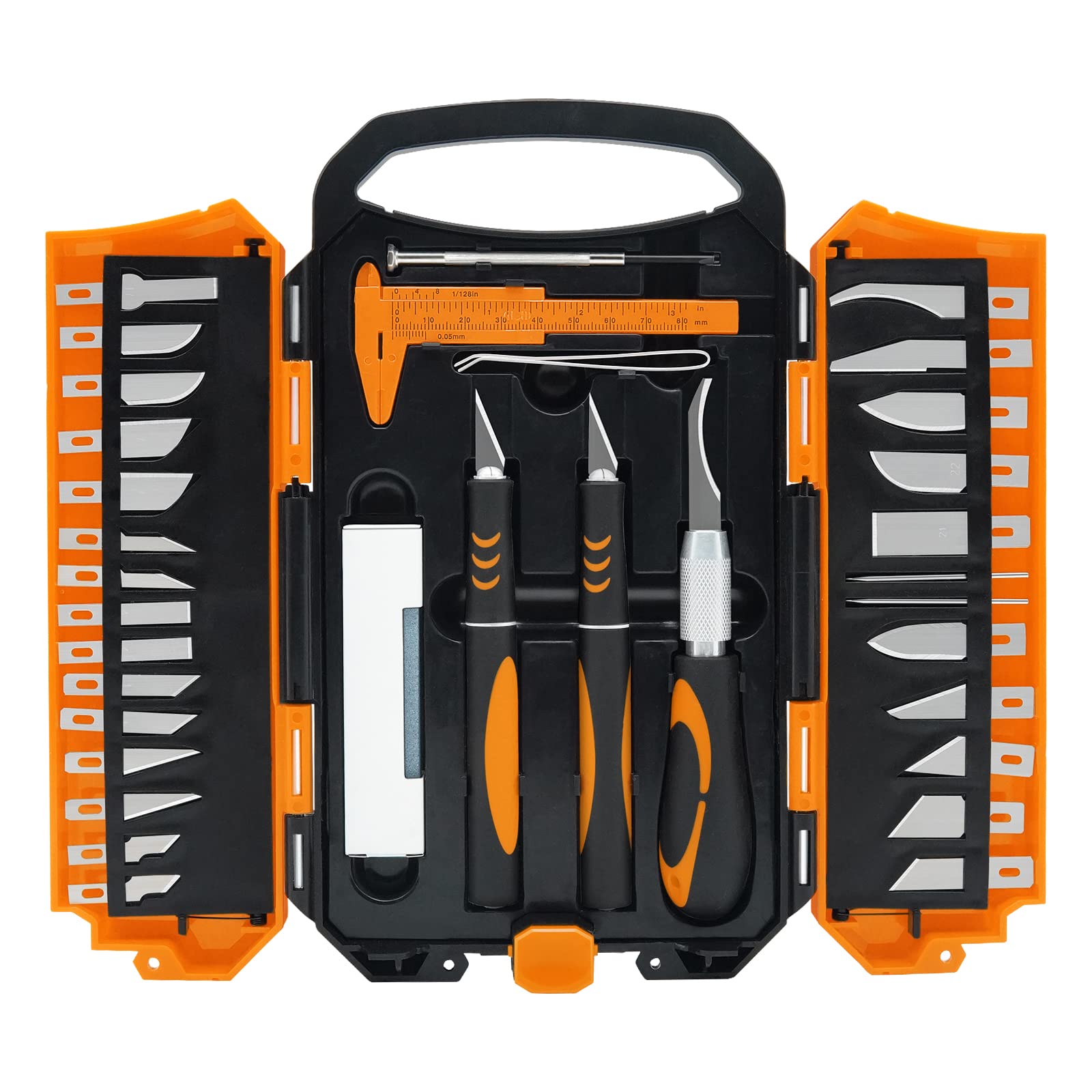 34-Piece Deluxe Precision Craft Knife Set with Anti-Slip Rubber Grip - Includes 3 Knives, 25 Blades, 2 Needles, Sharpening Stone & Screwdriver - Perfect for DIY, Woodworking, Scrapbooking & Art Projects