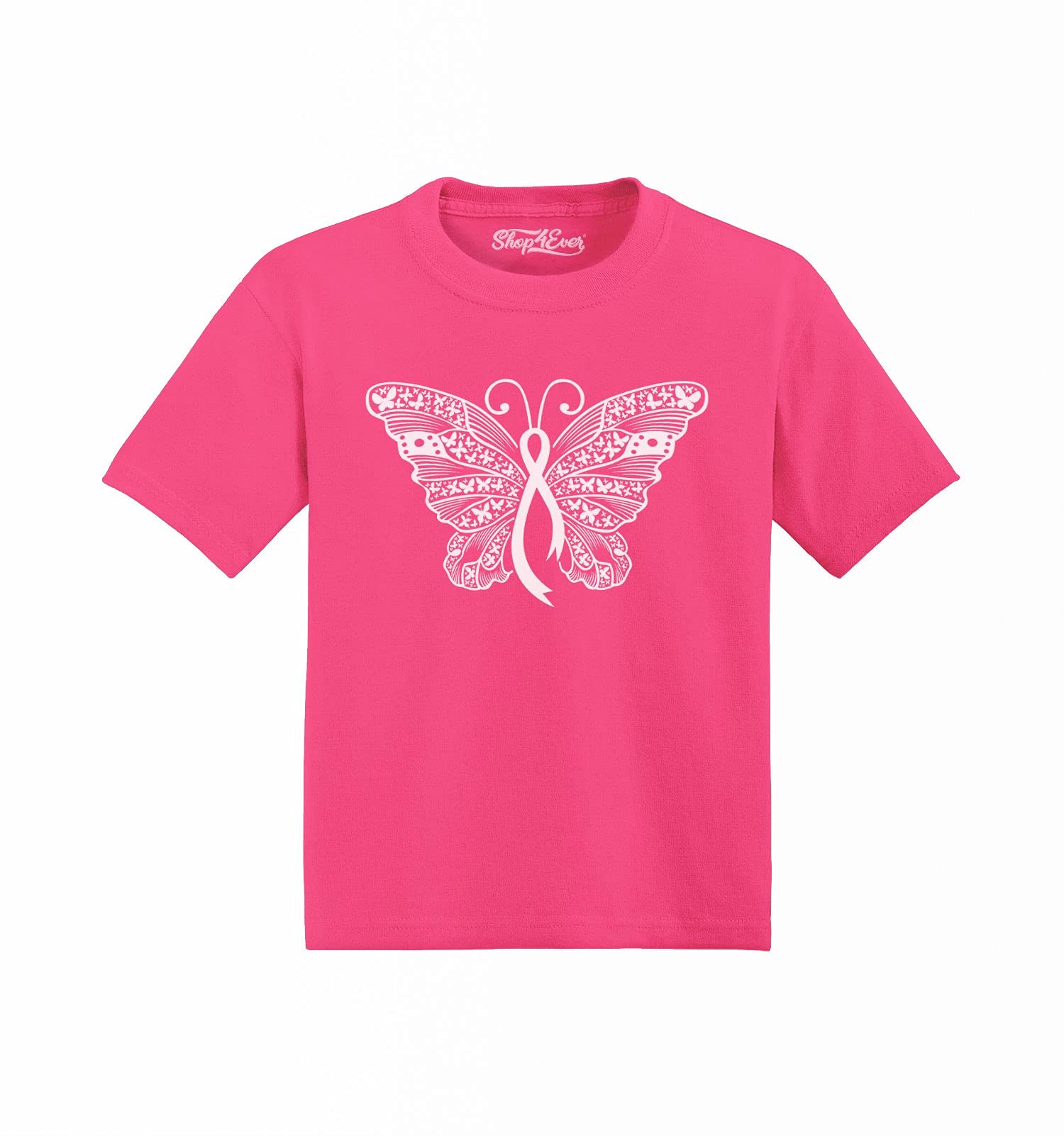 Shop4ever® Pink Ribbon Butterfly Toddler Cotton T-Shirt - Breast Cancer Awareness Cute Kids Top for Charity Events, Fundraisers & Support Walks