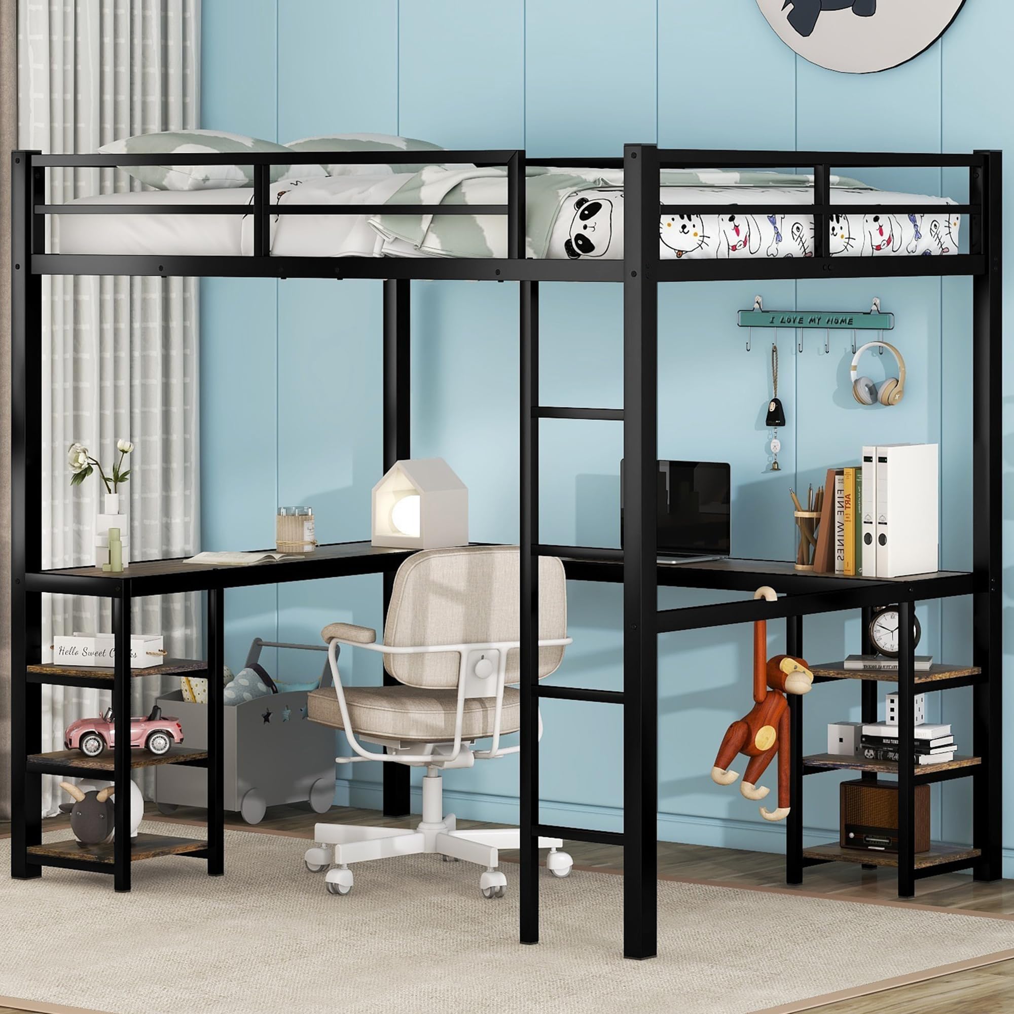 Full Size Loft Bed with L-Shaped Desk & Storage Shelves - Heavy Duty Metal Bunk Bed for Kids & Teens - Space Saving Study & Sleep Solution for Small Bedrooms - Black Full Size Loft Bed with Ladder