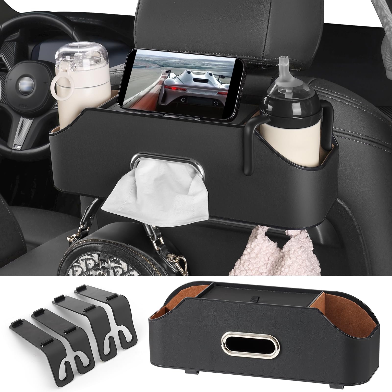 Universal Car Rear Backseat Organizer - Multi-Functional Drink Cup Holder with Tissue Storage Box & Hooks for Seat Back (Black) - Perfect for Road Trips, Family Travel & Daily Commute