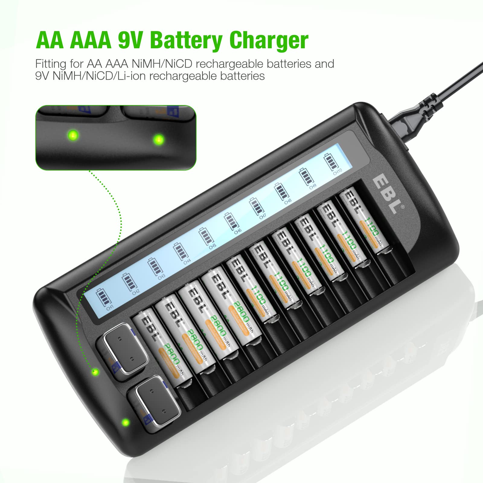 EBL 12 Bay LCD Universal Battery Charger for AA AAA 9V NiMH NiCd Rechargeable Batteries - Fast Charging for Home, Office, and Emergency Use