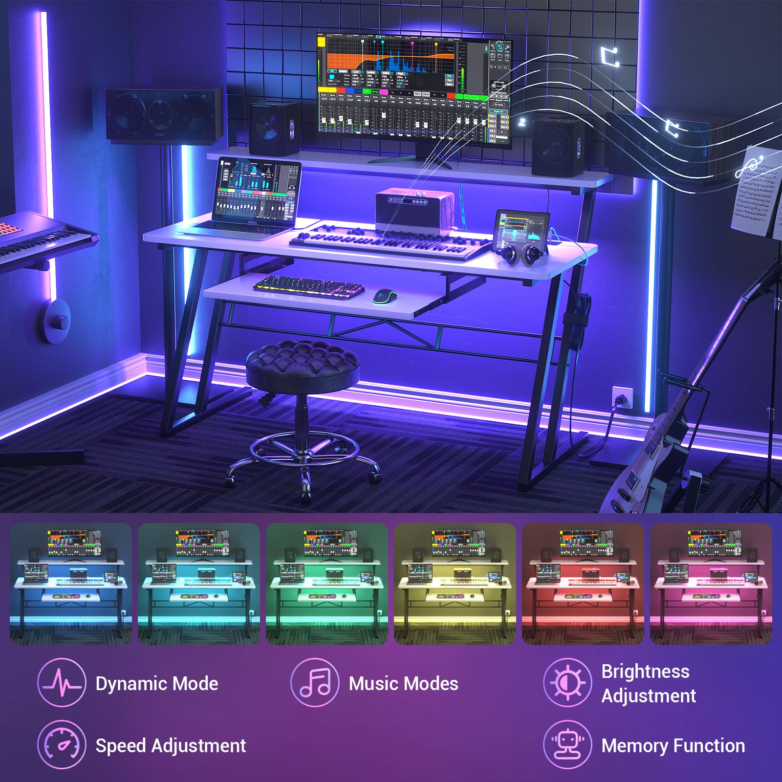 Armocity Music Studio Desk with Power Outlets & RGB LED Lights - Professional Recording Studio Workstation for Music Producers, DJs & Home Studios (Matte White) - Perfect for Home Recording, Podcasting & Music Production