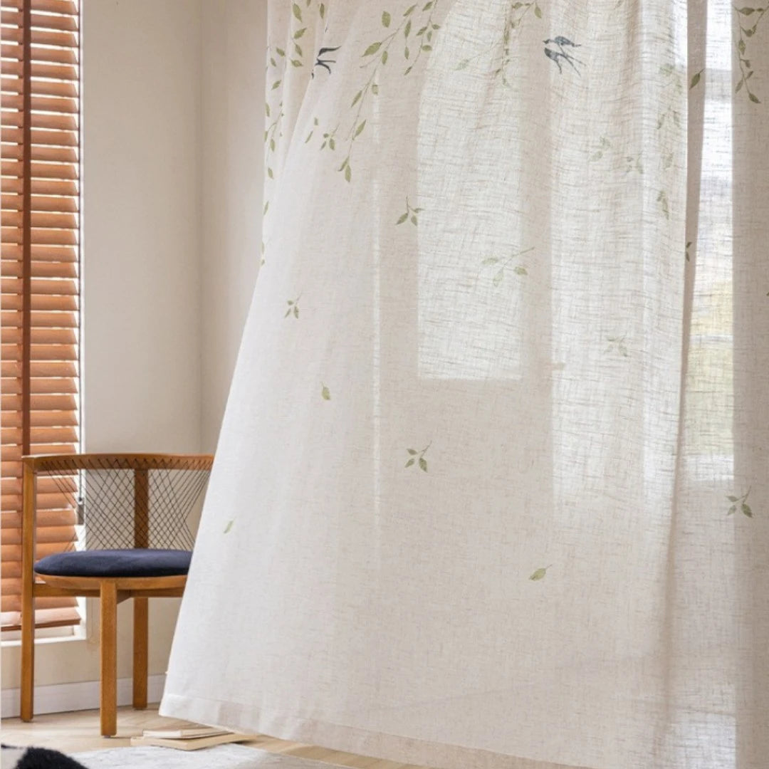 Lisa Serene Swallow Botanical Semi-Sheer Custom Curtains - Elegant Window Treatments for Living Room, Bedroom & Nursery Decor