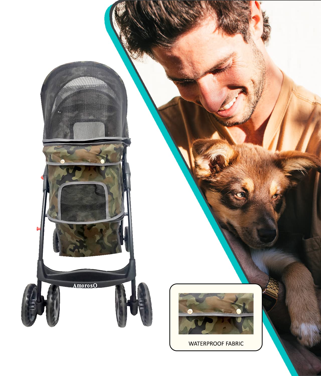 AmorosO 4 Wheel Pet Stroller for Small & Medium Dogs & Cats - Lightweight Foldable Travel Carrier with Waterproof Cover & Storage Basket - Perfect for Jogging, Shopping & Outdoor Adventures