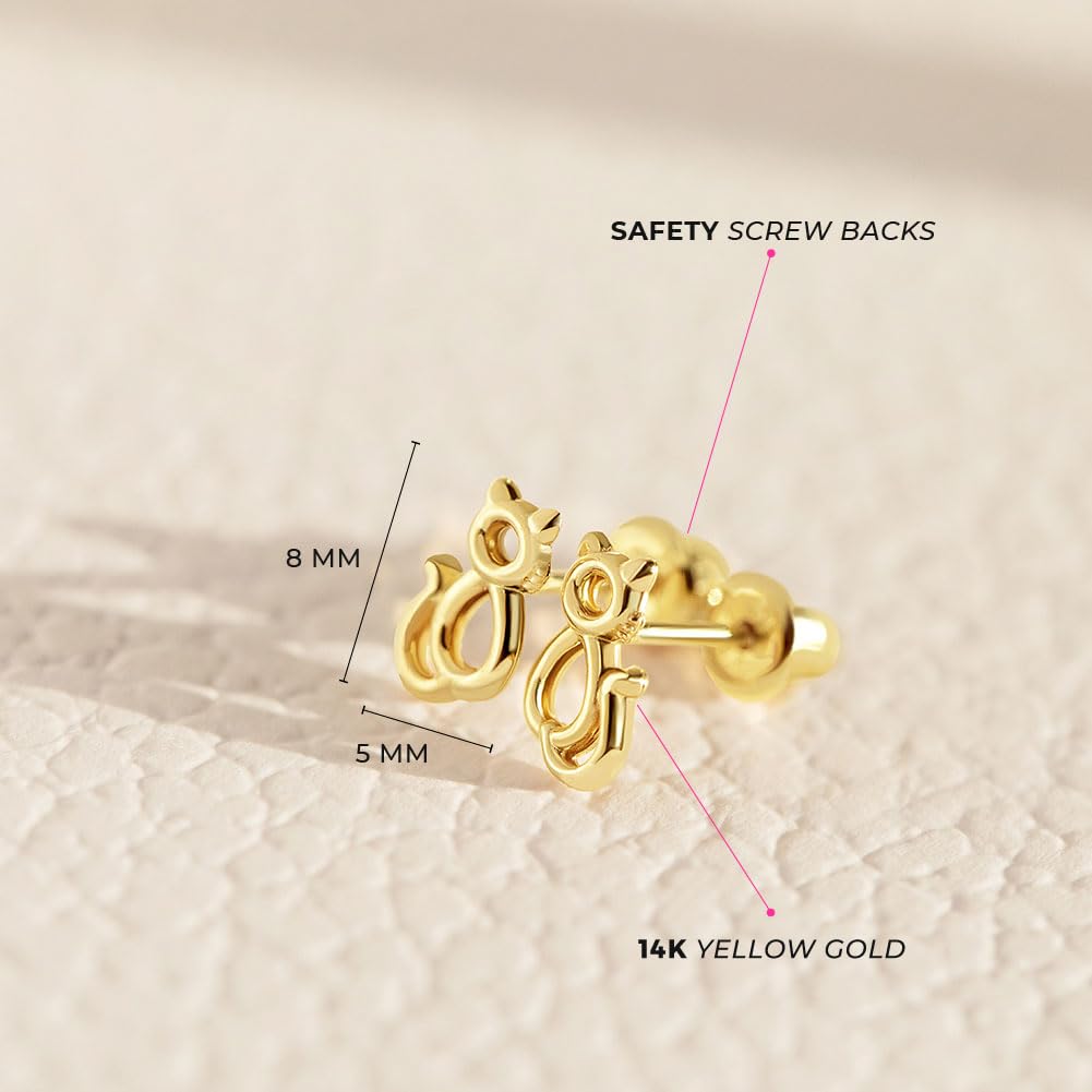 14K Yellow Gold Cat Stud Earrings for Toddlers & Girls - Secure Screw Back Design for Safety - Cute Little Kitten Earrings for Kids | Perfect for Birthdays, Gifts & Everyday Wear