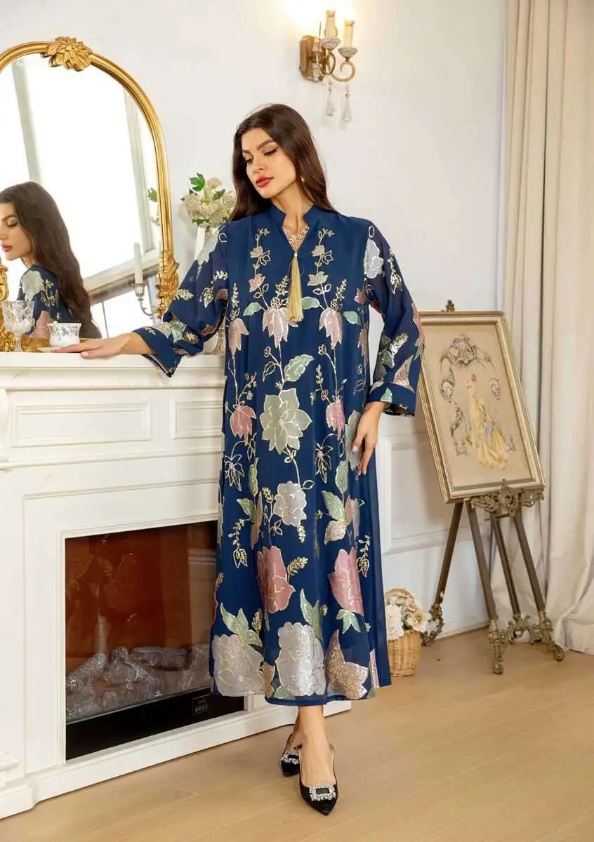 Elegant Eid Dress for Women - Embroidered Sequin Chiffon Kaftan Caftan Outfit | Perfect for Eid Celebrations, Weddings & Special Occasions
