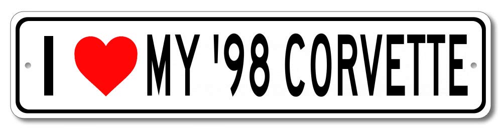1998 Chevy Corvette 'I Love My Car' Aluminum Sign - 4x18 Inches - Vintage Garage Wall Decor, Man Cave Sign for Car Enthusiasts - Perfect for Home, Office, or Auto Shop Display