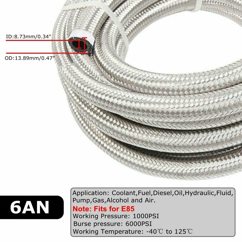 6AN 5FT Stainless Steel Braided Fuel Hose - Gas & Oil Line for Automotive & Marine
