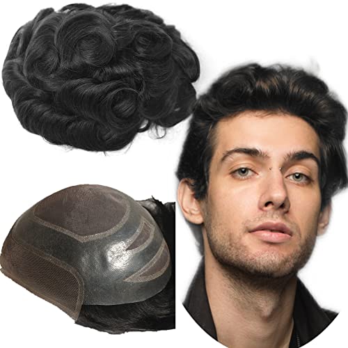 Yanahair Men's Toupee - 100% European Real Human Hair Replacement System with Wavy Texture, Fine French Lace Front & PU Top (8x10 Inch, Jet Black) | Natural Looking Hairpiece for Thinning Hair & Baldness Cover | Perfect for Daily Wear, Special Occasions & Confidence Boosting