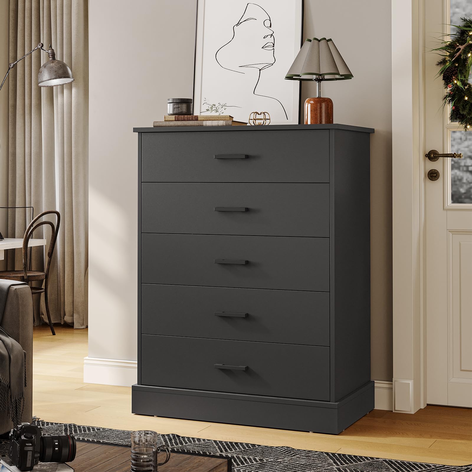Hasuit 5-Drawer Black Dresser for Bedroom - Solid Wood Tall Chest with Sturdy Base, Large Capacity Storage Cabinet for Closet Organization - Perfect for Bedroom, Living Room & Hallway Storage Solutions