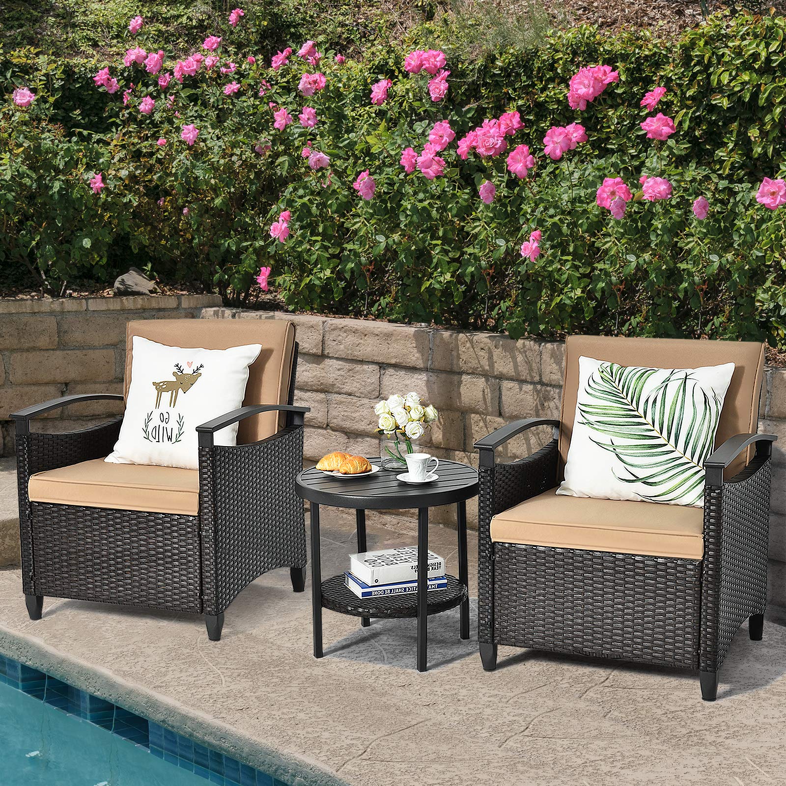 Tangkula 3-Piece Rattan Patio Furniture Set with Coffee Table - Outdoor Wicker Sofa Conversation Set with Cushions, Durable Steel Frame - Perfect for Garden, Backyard, Balcony, Poolside & Outdoor Entertaining