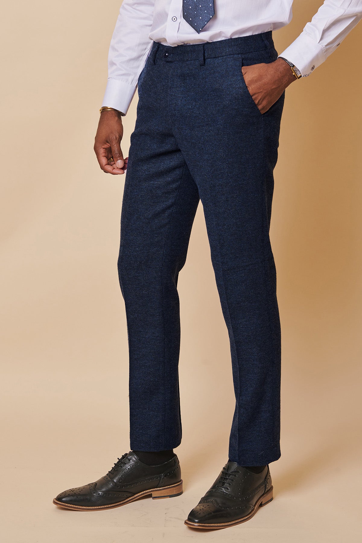 Marlow Navy Tweed Trousers for Men - Classic Slim Fit Dress Pants for Office, Business & Formal Occasions