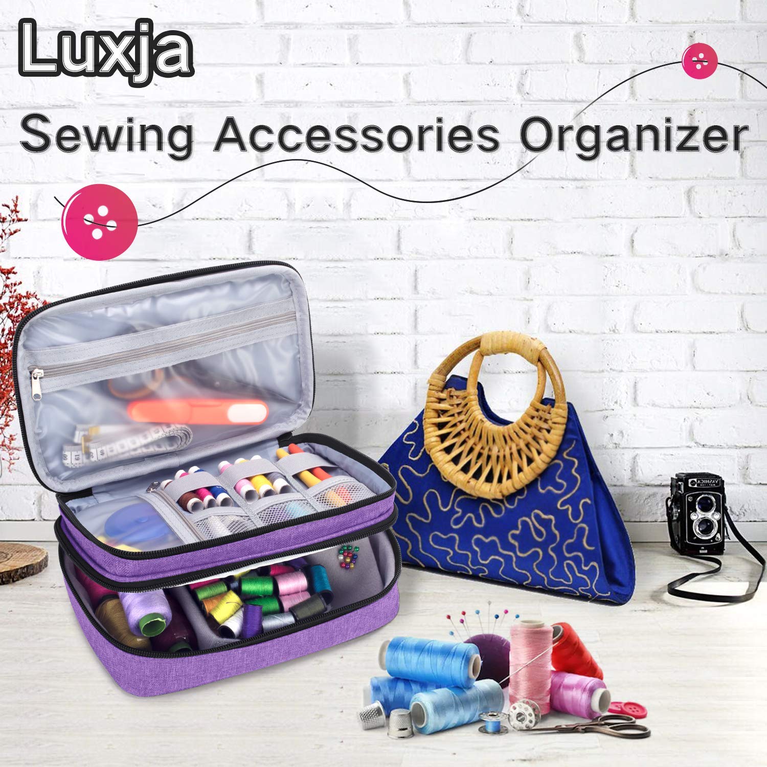Luxja Double-Layer Sewing Organizer for Needles, Scissors, Measuring Tape & Thread - Purple Sewing Supplies Storage Case - Perfect for Home Sewing, Quilting & Craft Projects