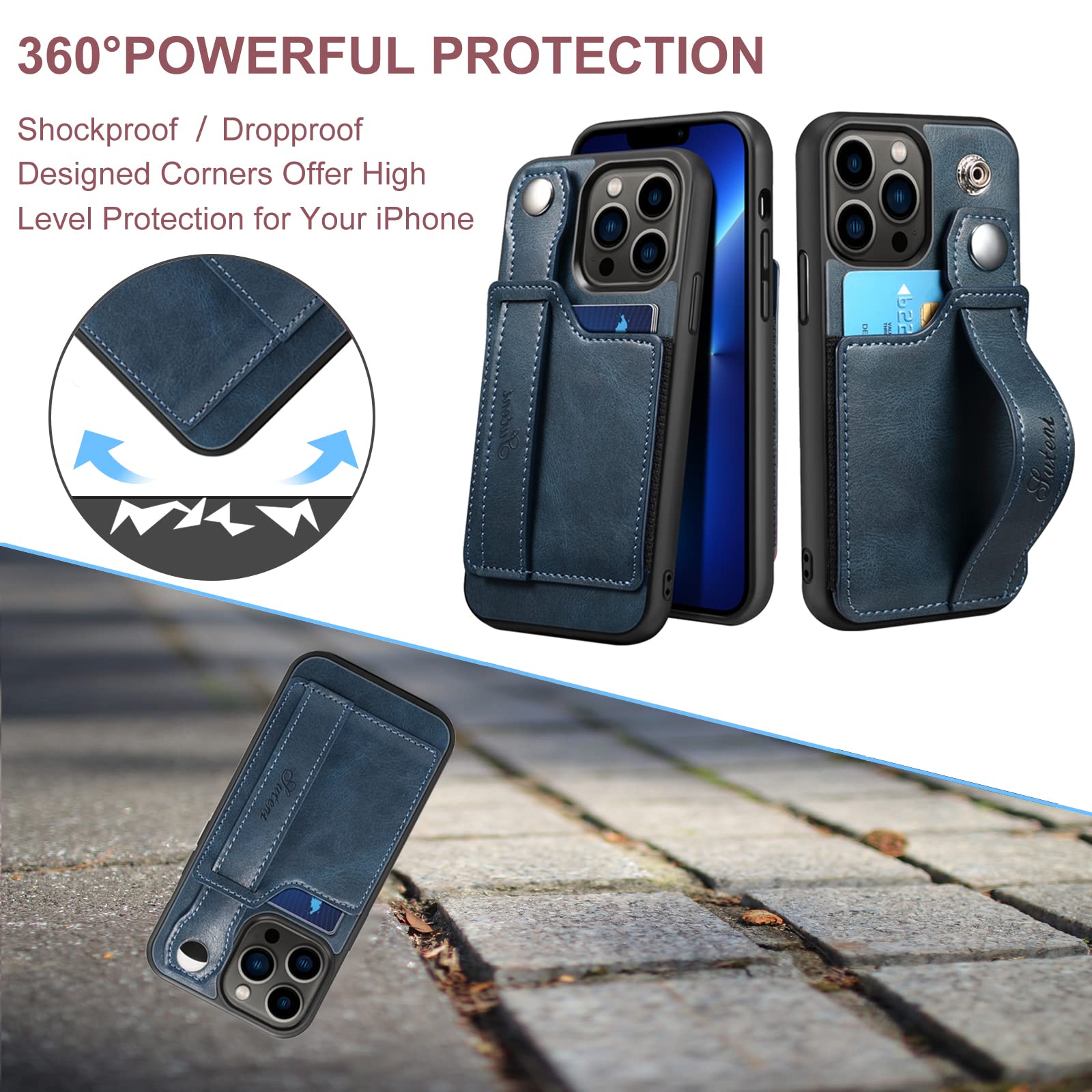 Premium PU Leather Wallet Case for iPhone 13 Pro Max (6.7 inch, 2021) - Magnetic Clasp, Elastic Card Slots, Kickstand & Hand Strap | Protective Cover for Daily Use, Travel & Business (Blue)