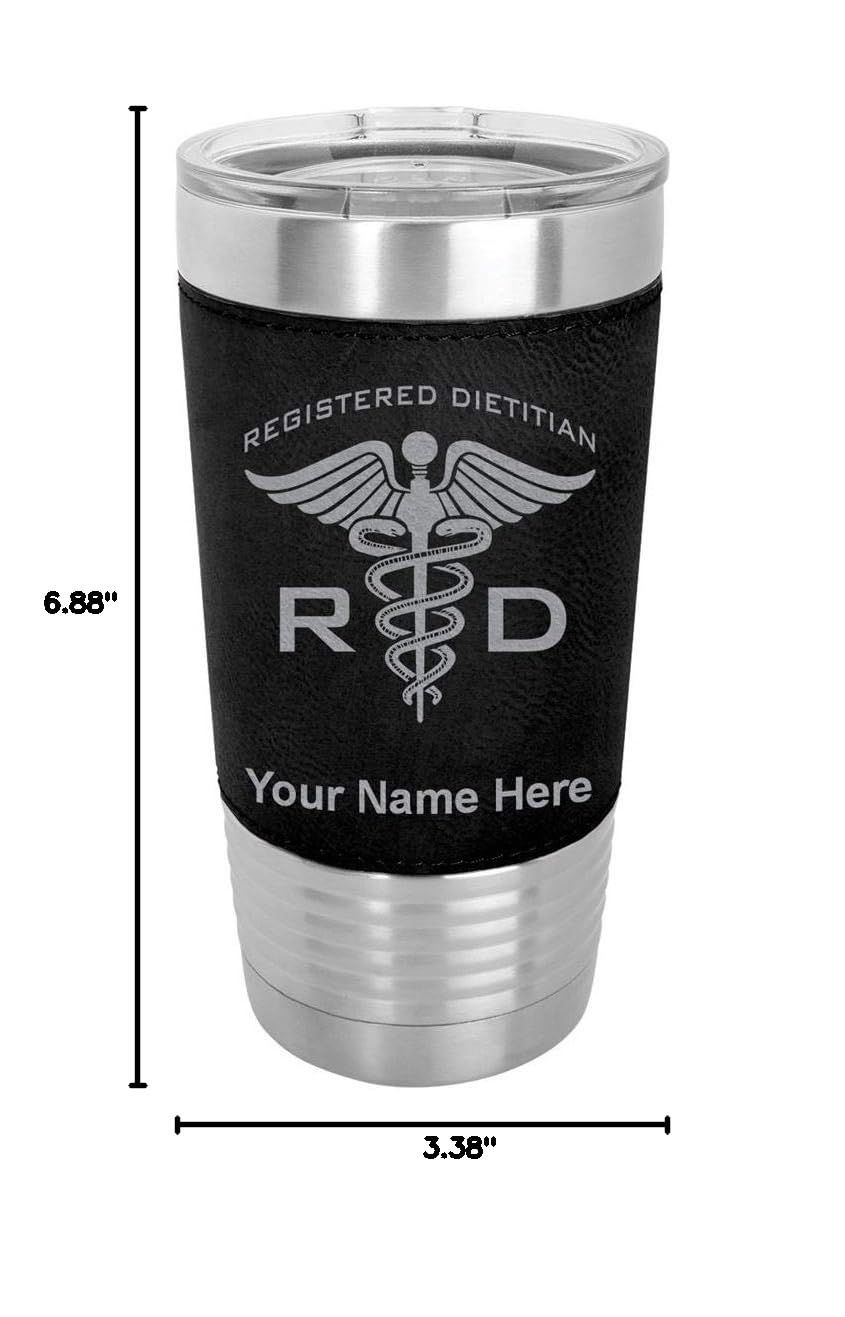 LaserGram 20oz Vacuum Insulated Stainless Steel Tumbler Mug with Personalized Engraving - Faux Leather Sleeve, Black - Perfect for Coffee, Tea & Cold Drinks at Home, Office or Gym - RD Registered Dietitian Approved