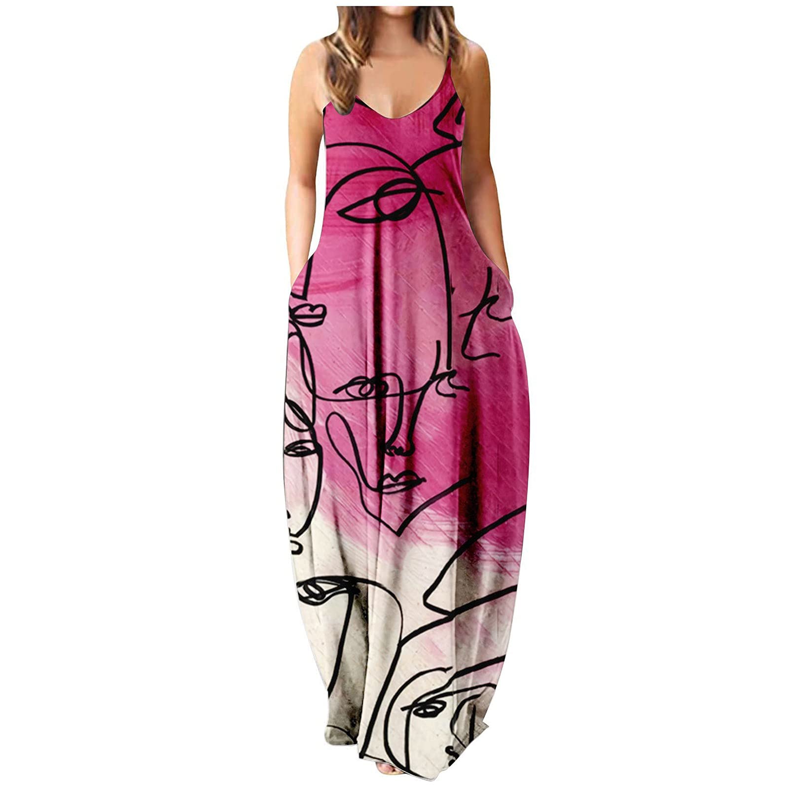 iQKA Women's Summer Maxi Dress - Colorful Sleeveless V-Neck Long Tunic Dress with Pockets | Casual Beach Wear, Vacation Outfit, Boho Chic Dress for Outdoor Activities