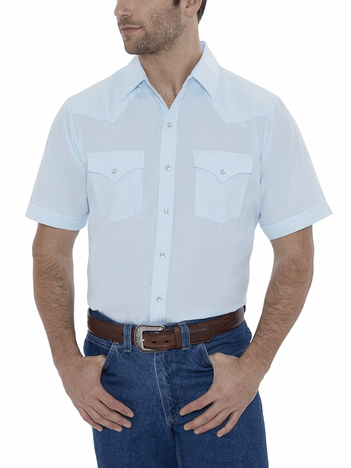 Ely Cattleman Men's Western Shirt Short Sleeve Tone On Tone Tonal Blue - Casual Cowboy Style Shirt for Rodeo, Country Music Festivals & Western Fashion