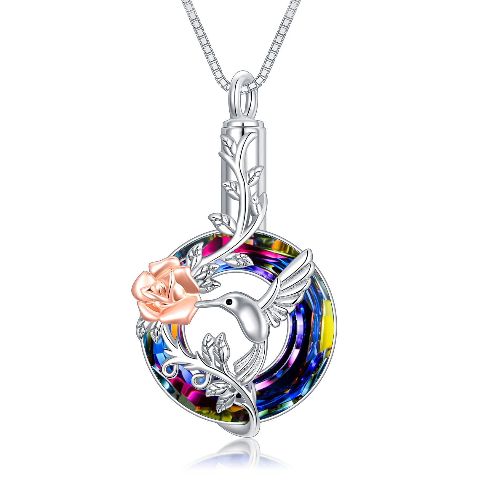Sterling Silver Hummingbird Cremation Urn Necklace with Crystal - Memorial Jewelry for Ashes, Keepsake Pendant with Funnel Filler - Perfect Gift for Women & Girls to Honor Loved Ones (Funeral, Remembrance, Everyday Wear)