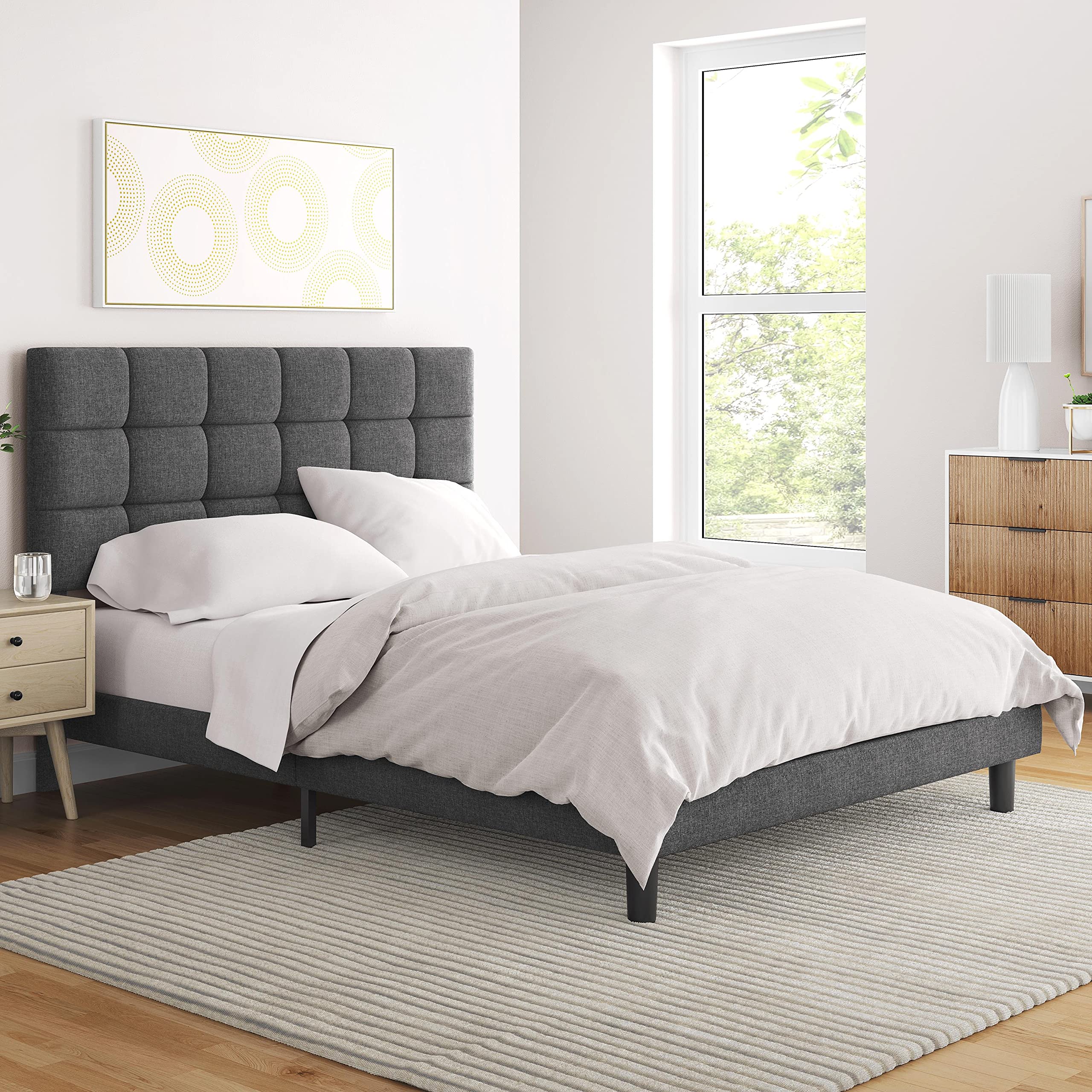 Yaheetech Full Size Upholstered Platform Bed Frame with Adjustable Headboard - Sturdy Wood Slat Support, No Box Spring Required - Dark Grey Modern Bedroom Furniture for Master Bedroom, Guest Room, or Apartment