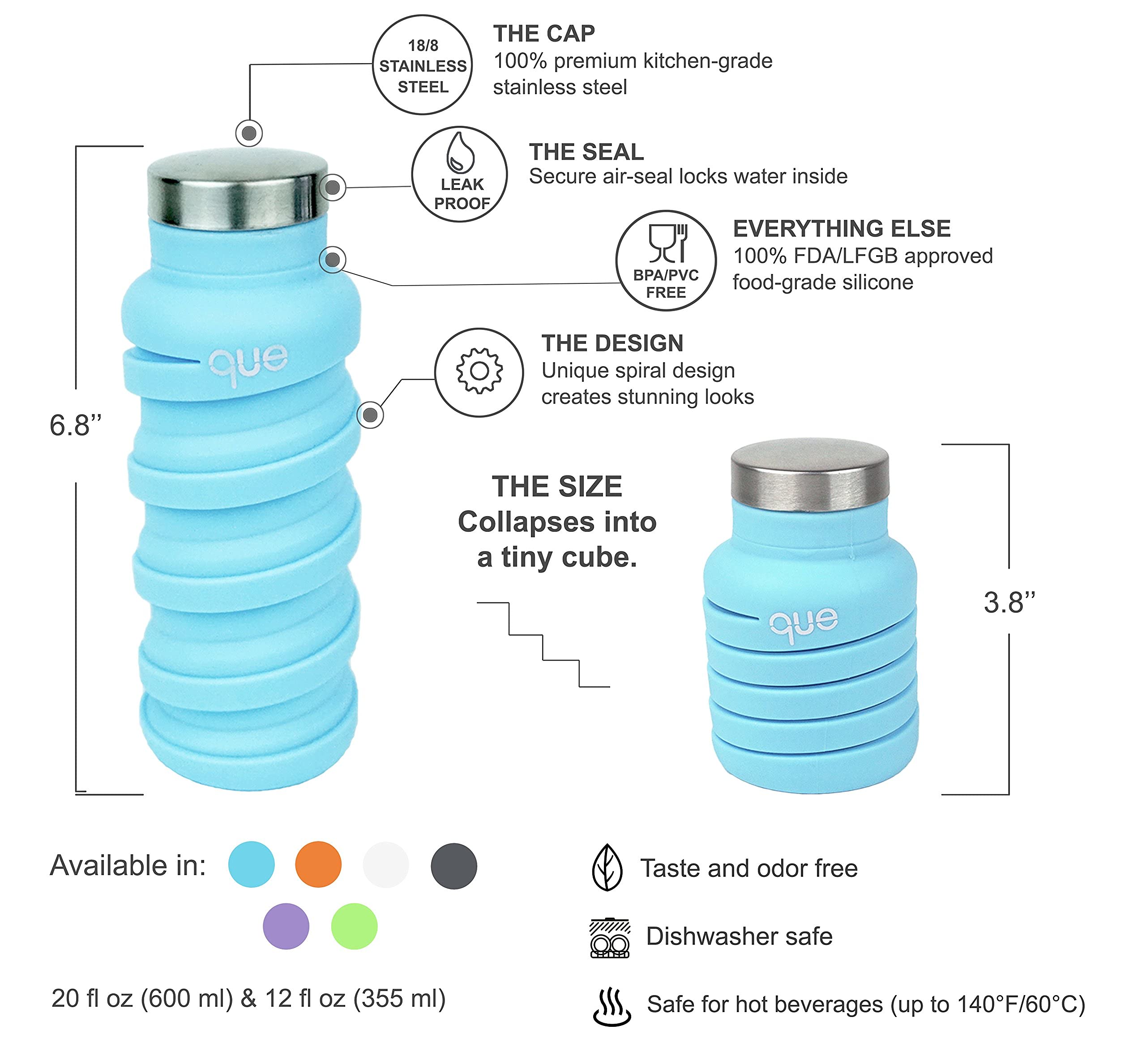 Que Bottle - Collapsible 12oz Reusable Water Bottle, Leak-Proof & Portable for Travel, Hiking, Gym - Metallic Charcoal (BPA Free Eco-Friendly Design)