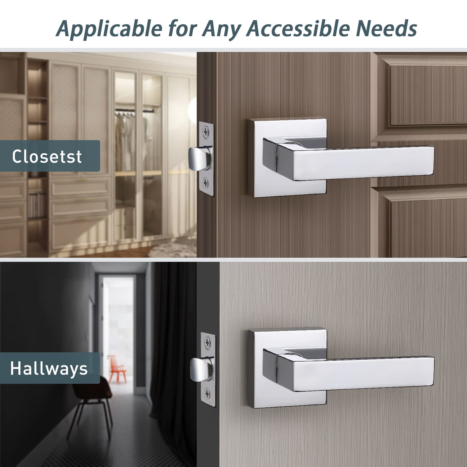 4 Pack Keyless Passage Door Levers in Polished Chrome - Heavy Duty Square Interior Door Handles for Closet, Hallway & Bedroom (Easy Installation, Smooth Operation)