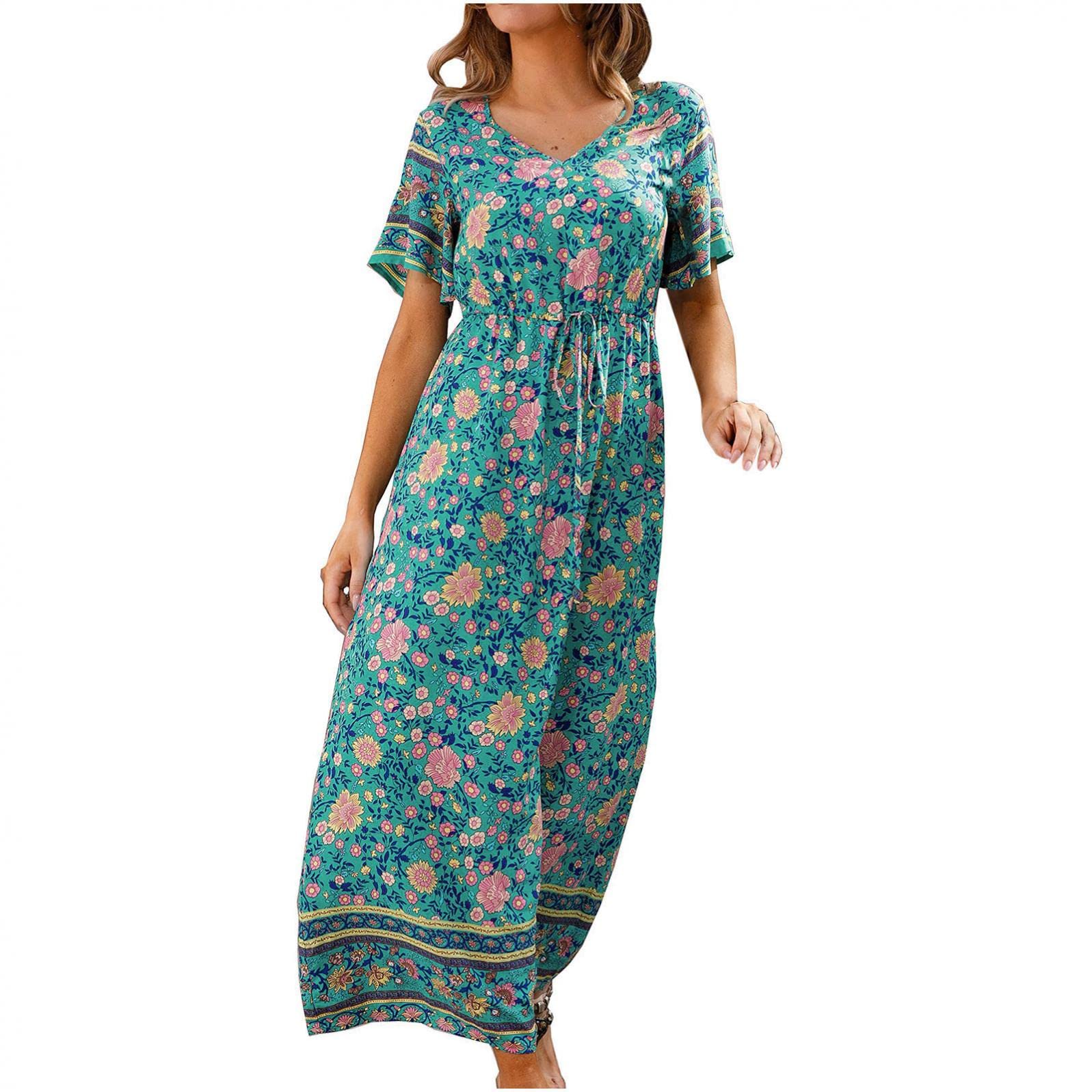 YZHM Women's Summer Dress - V Neck Casual Short Sleeve Floral Print Boho Long Maxi Dress for Beach Vacation, Tropical Party & Outdoor Date Night