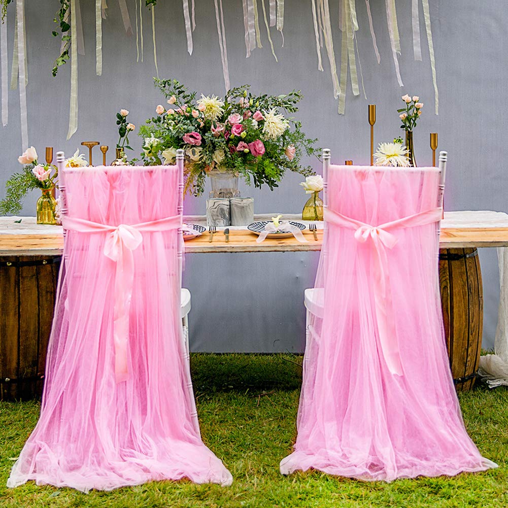 Fluffy Tulle Chair Cover with Ribbon - Elegant Tutu Chair Skirt for Wedding, Bridal Shower & Party Decorations (Pink) | Perfect for Baby Showers, Birthday Parties & Home Decor