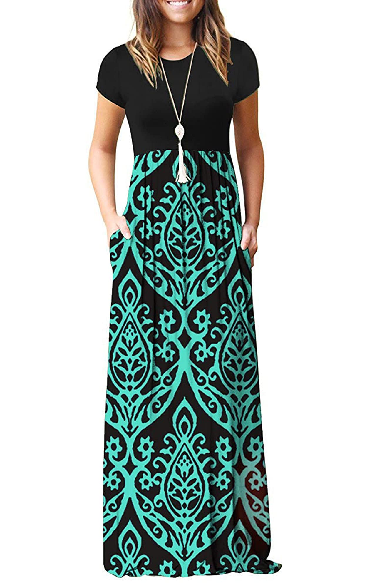 MISFAY Women's Casual Short Sleeve Loose Plain Maxi Dress with Pockets - Summer Beach, Vacation, Party & Everyday Wear Long Dress