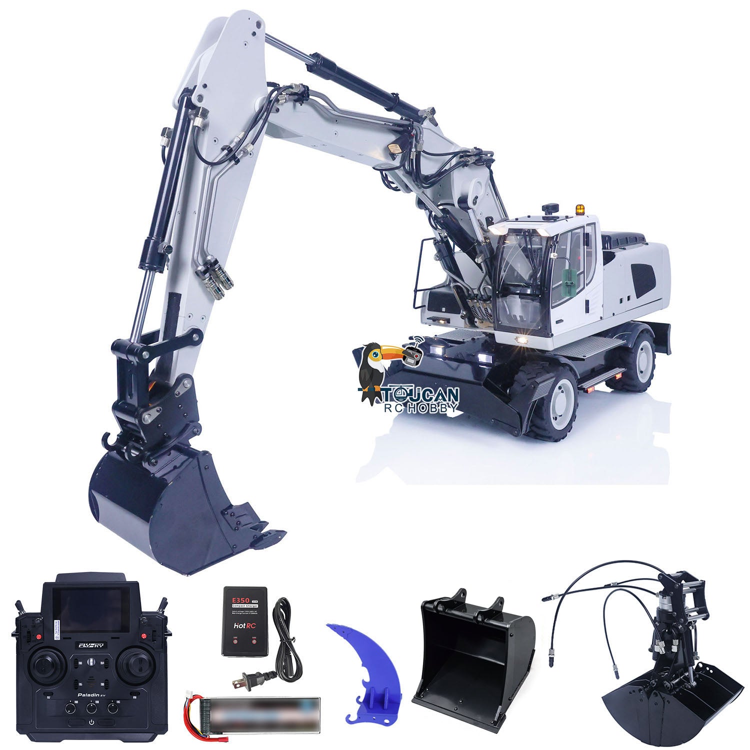 1/14 Scale 3-Arm RC Hydraulic Excavator R946 - Metal Wheeled Remote Control Digger Toy with Grab Ripper & Tiltable Clamshell Bucket | Construction Model for Adults & Kids | Perfect for Sandbox Play, Backyard Digging & Hobby Collecting