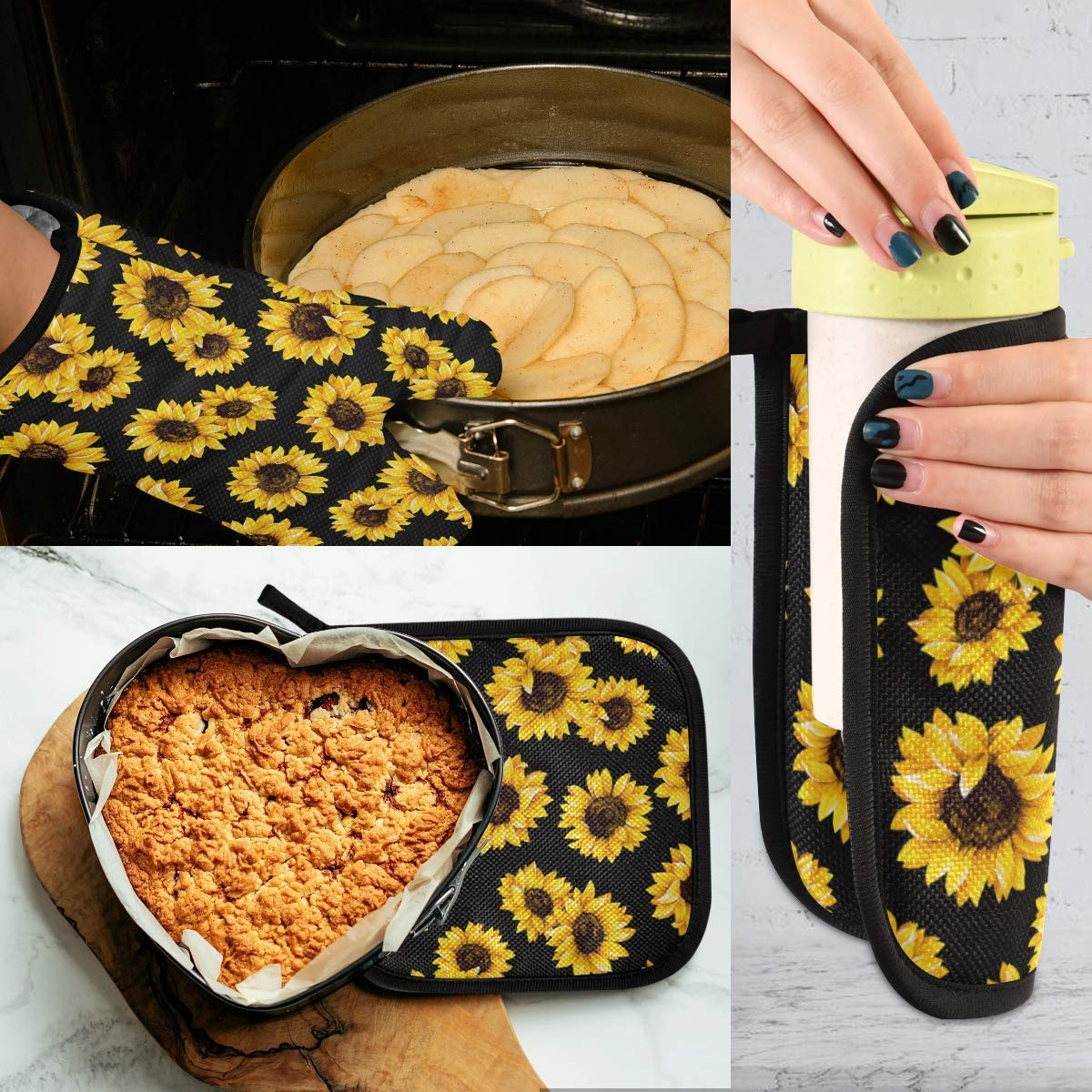 ASLSIY Sunflower Oven Mitts & Pot Holders Set - Heat Resistant Kitchen Gloves for Baking, BBQ, Grilling - Summer Floral Design for Cooking, Baking & Outdoor Picnics