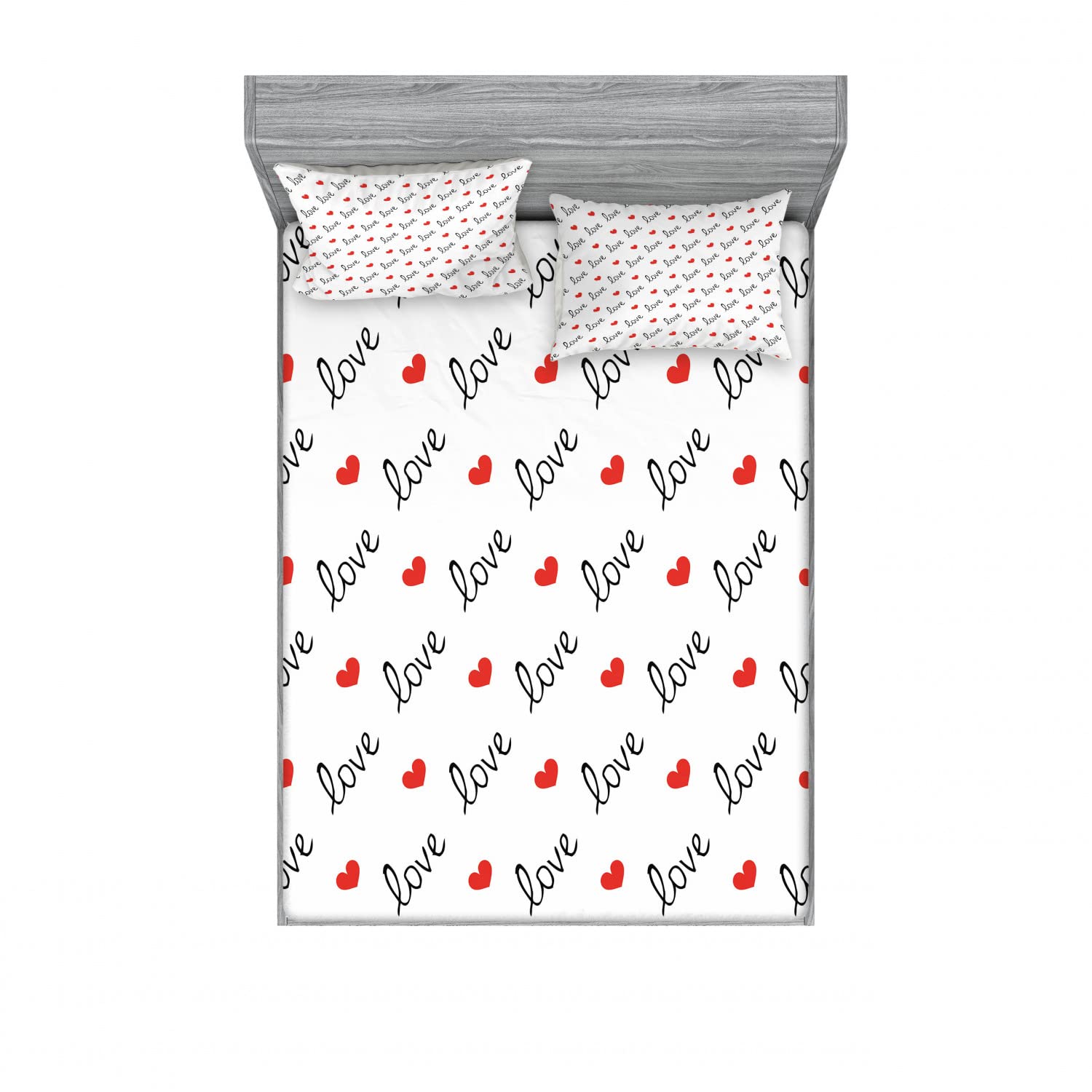 Ambesonne Romance 2-Piece Full Size Fitted Sheet Set with 4 Pillow Shams - Valentine's Day Love Themed Bedding Collection in Vermilion & Black - Perfect for Romantic Bedroom Decor, Anniversary Gifts, and Couples Retreats