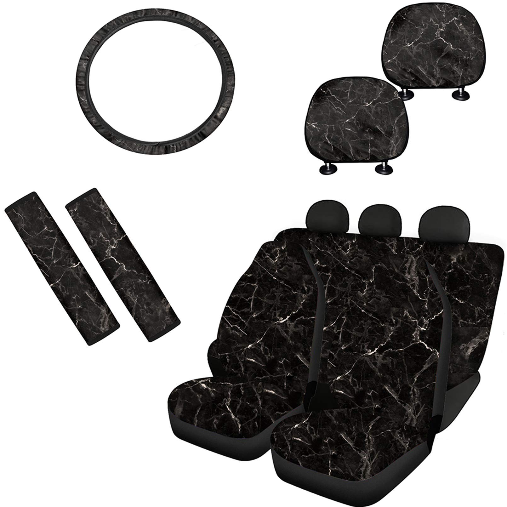 Babrukda 9-Piece Marble Texture Black Car Interior Accessories Set - Front & Rear Seat Covers, Steering Wheel Cover, Seat Belt Covers & Headrest Covers | Universal Fit for SUV, Van, Sedan, Truck | Waterproof & Anti-Slip Protection for Daily Commute & Road Trips