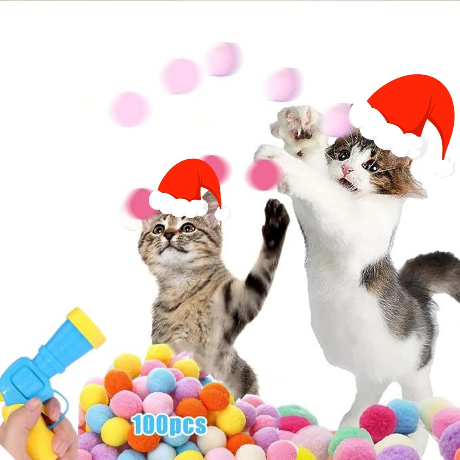 100Pcs 1.2Inch Soft Cat Pompom Balls with Launcher - Colorful Interactive Cat Toys for Indoor Play, Exercise & Training - Perfect for Kittens, Adult Cats & Multi-Cat Households