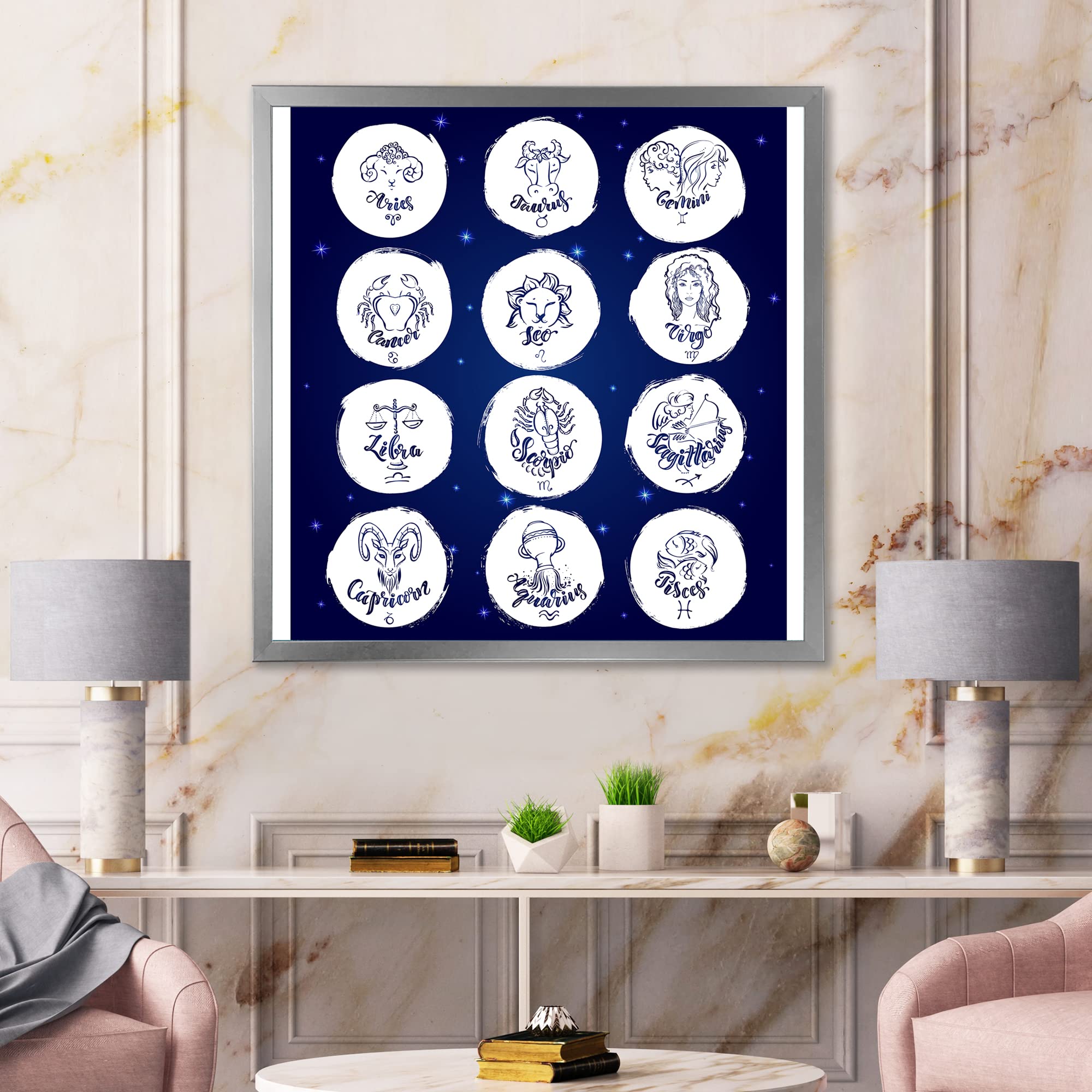 DesignQ Zodiac Signs Blue Modern Framed Wall Art - Perfect for Home Decor, Office & Gift Giving