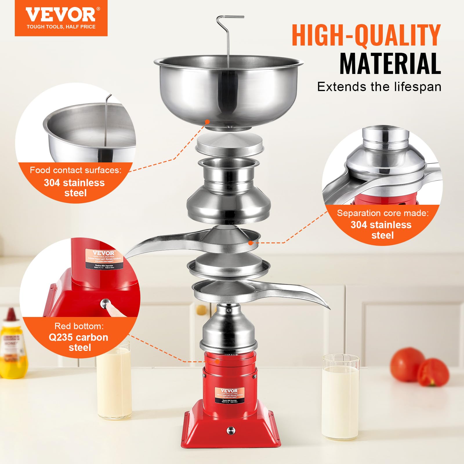 VEVOR 304 Stainless Steel Electric Cream Separator - 100L/H High Speed Centrifuge for Goat Milk & Dairy Processing (10500 RPM, Red) | Perfect for Farm Fresh Milk, Cheese Making & Home Dairy Production