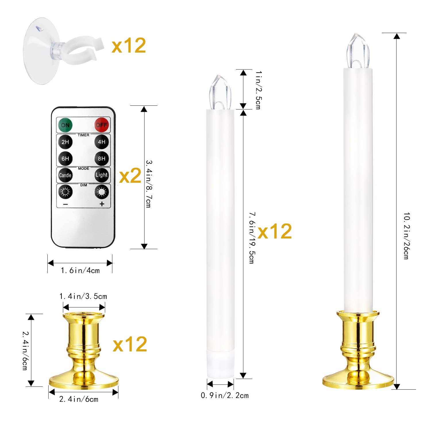 12 Pack LED Window Candles with Remote Timer - Battery Operated Christmas Candles for Windows, Electric Candle Lights with Removable Holders & Suction Cups - Perfect for Holiday Decor, Home, Party, and Christmas Tree Lighting