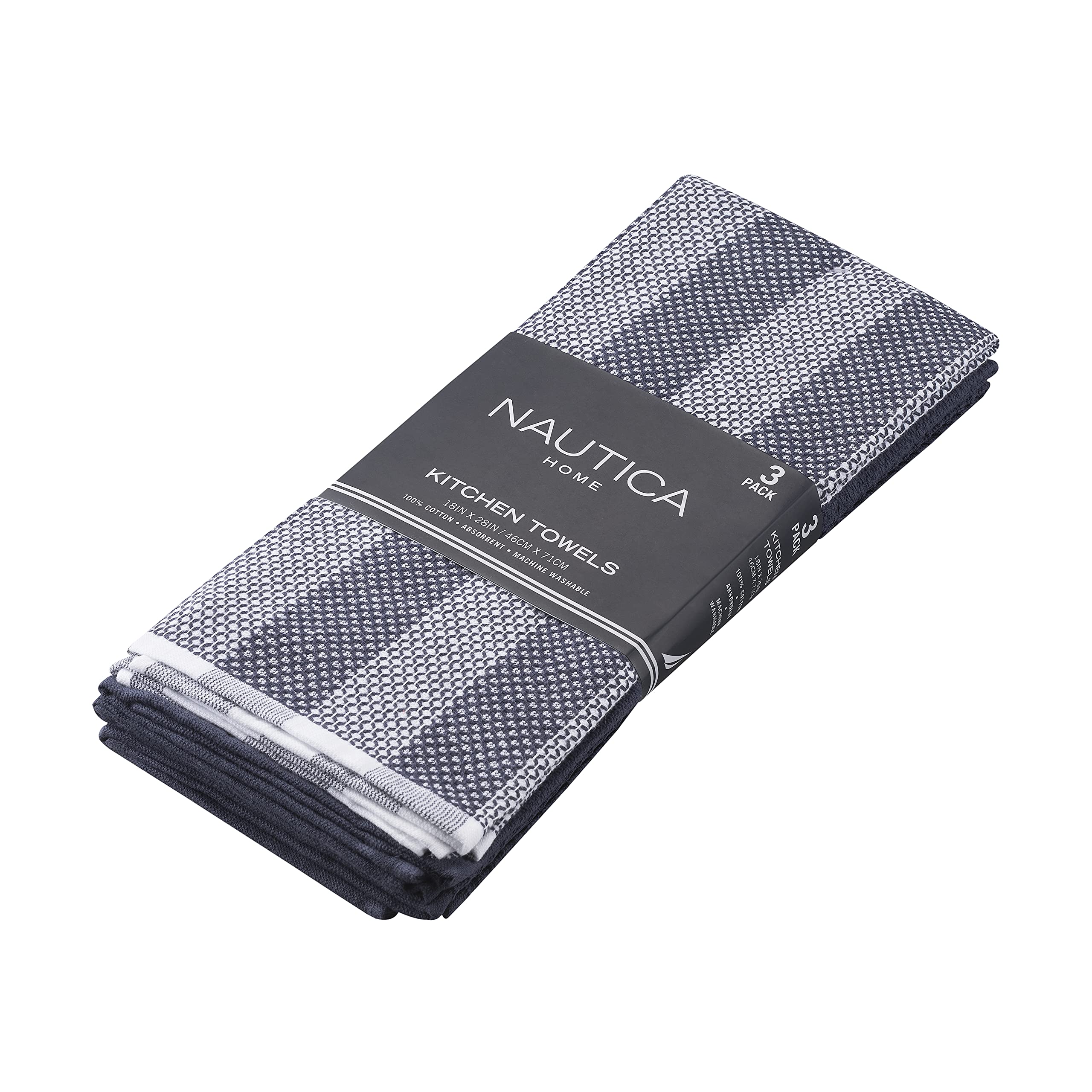 Nautica 100% Cotton Kitchen Towels Set of 3 | Super Absorbent Reusable Dish Cloths, Tea Towels & Hand Towels for Drying Dishes | 18