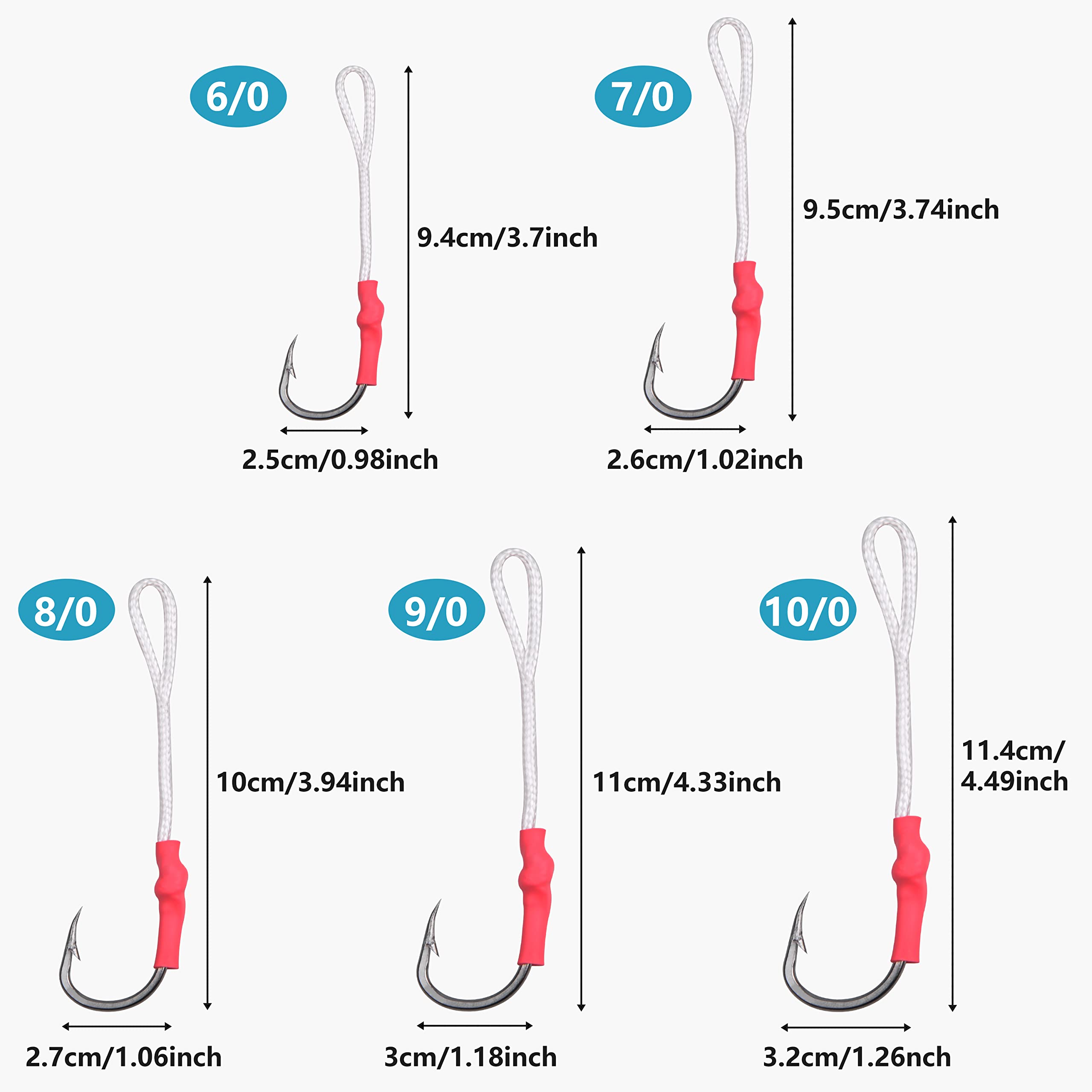 OROOTL 60pcs Saltwater Fishing Assist Hooks with PE Line - Stainless Steel Vertical Jig Hooks for Slow Pitch Jigging & Trolling (1/0-10/0 Size) - Perfect for Deep Sea Fishing, Butterfly Jigging & Offshore Angling