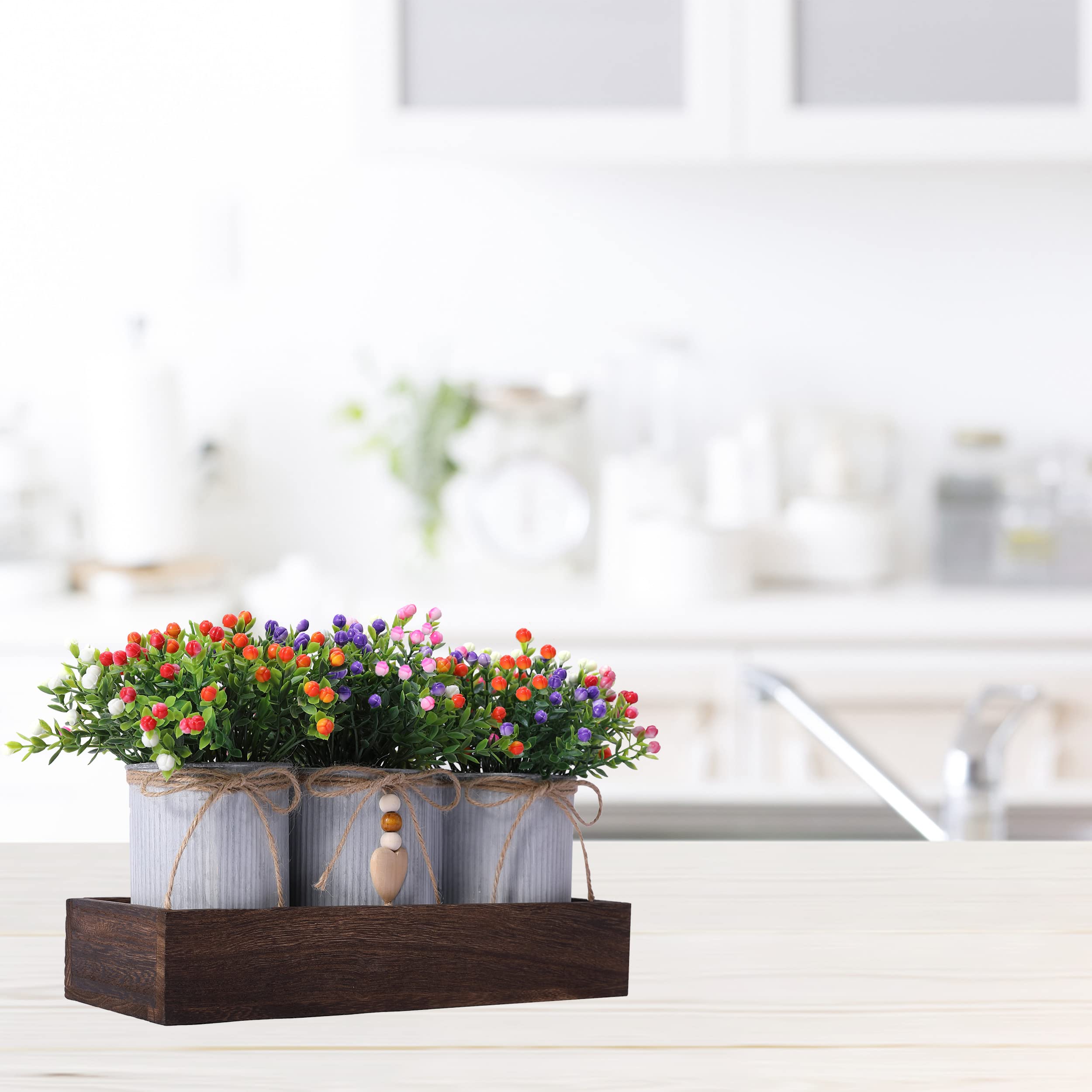 Rustic Wooden Tray with 3 Metal Potted Artificial Milan Flowers - Farmhouse Centerpiece Decor for Dining Table, Living Room & Kitchen | Perfect for Wedding, Party & Home Styling