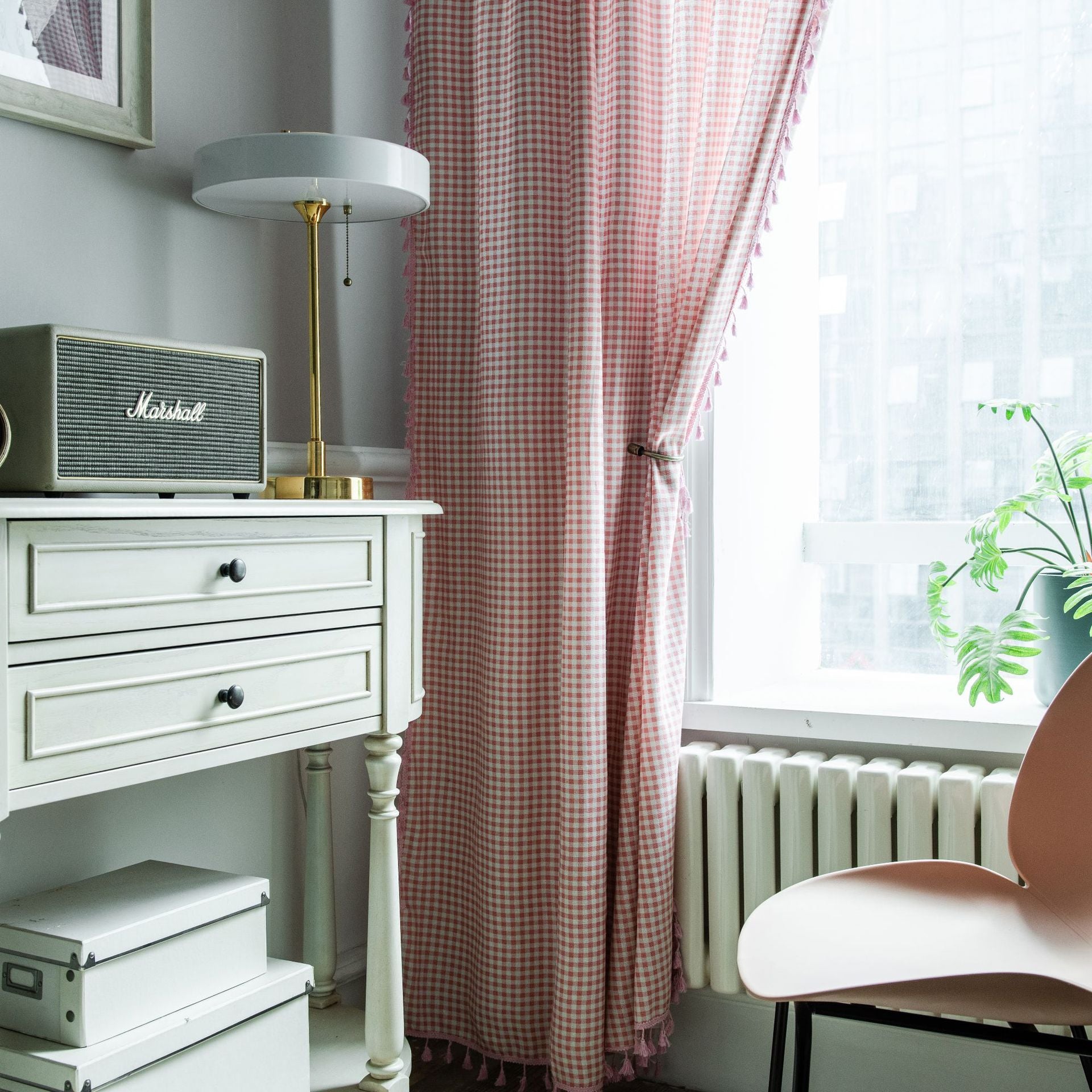 Kiera Pink Plaid Light Filtering Tasseled Custom Curtains for Living Room & Bedroom - Soft Sheer Window Drapes with Decorative Fringe for Home Decor