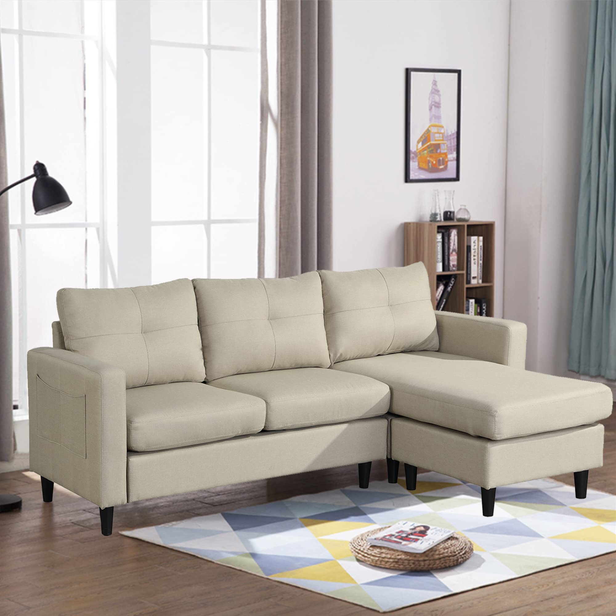 Affordable L-Shaped Sectional Sofa Under $500 - Modular Living Room Couch with Chaise, Convertible Ottoman & Side Pockets | Tufted Beige Fabric | Perfect for Small Spaces, Apartments & Cozy Home Decor