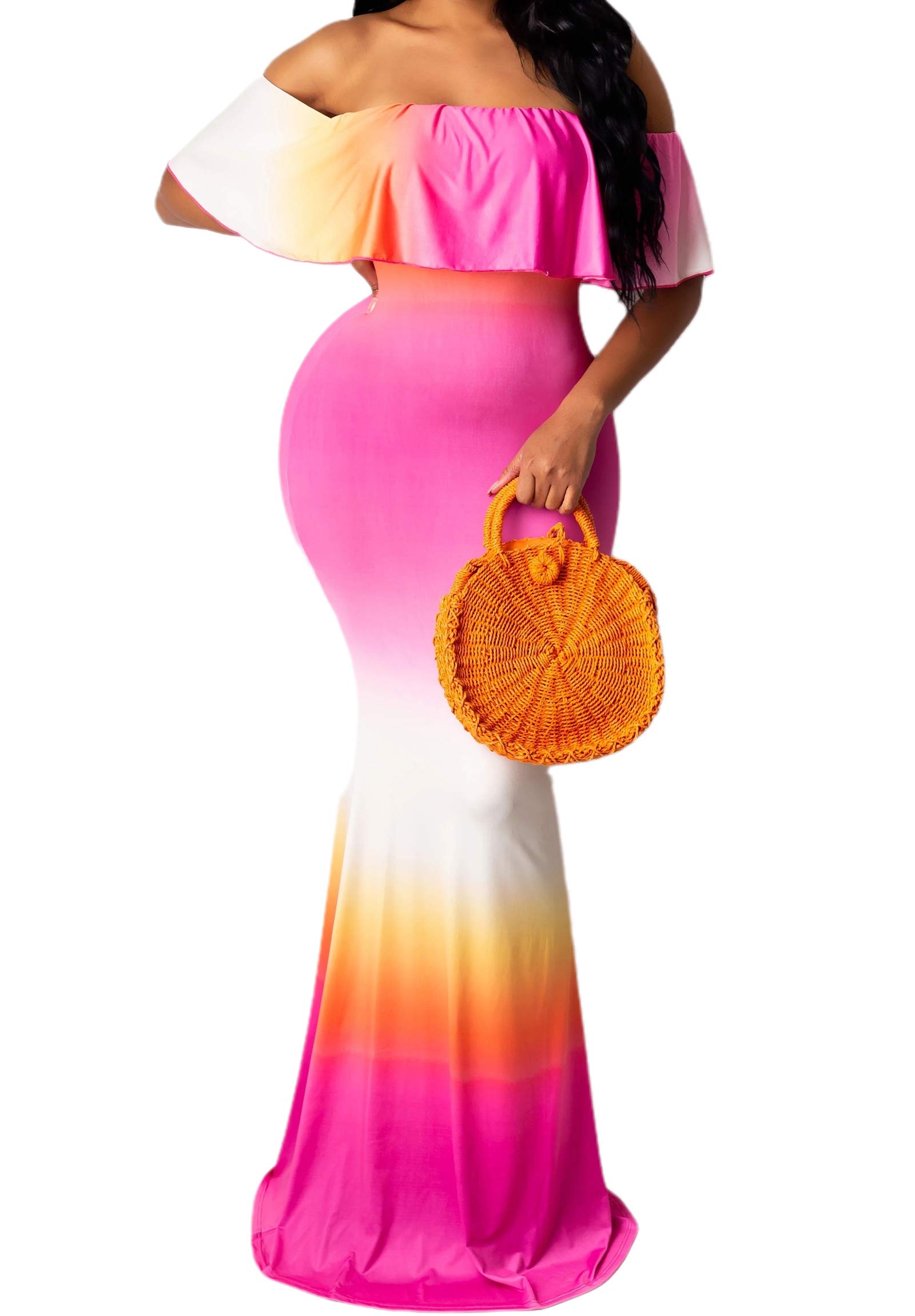 Sexy Floral Off Shoulder Maxi Dress for Women - Summer Ruffle Long Dress for Evening Party & Beach Vacation - Perfect for Weddings, Date Nights & Tropical Getaways