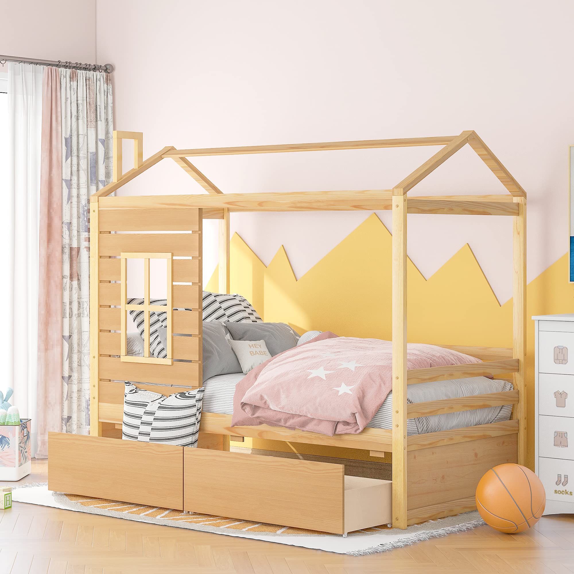 LZ LEISURE ZONE Twin House Bed with Storage Drawers, Wooden Twin Size Daybed Frame for Kids & Teens - Natural Finish, Perfect for Bedrooms, Playrooms & Small Spaces