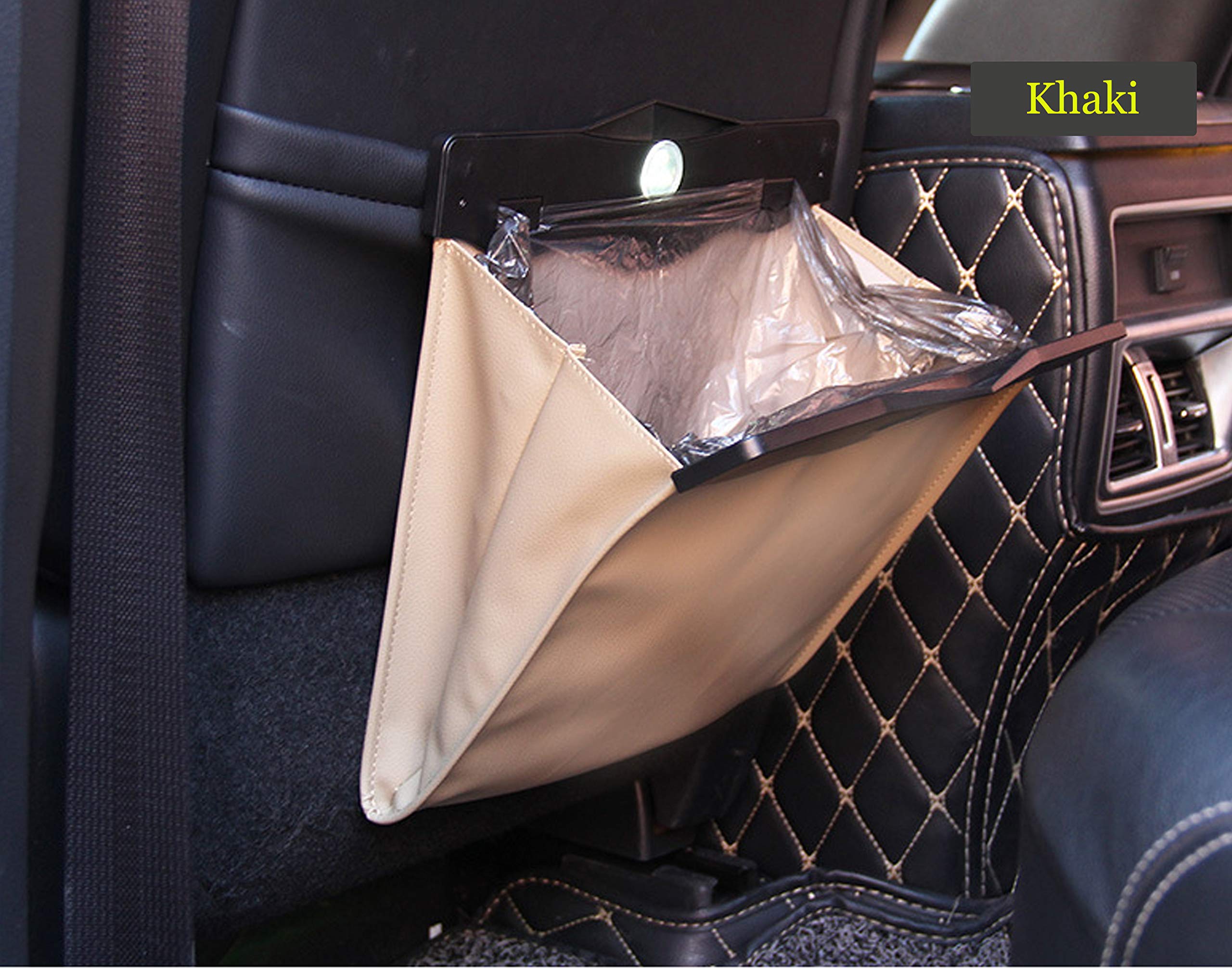Premium Car Trash Bin with 50pcs Leak-Proof Trash Bags - LED Luxury Leather Garbage Can for Vehicles - Foldable Waterproof Auto Organizer (Khaki) - Ideal for Road Trips, Commuting & Family Travel