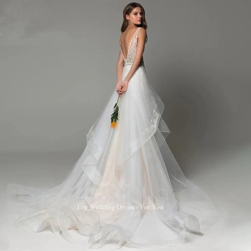 2024 Sexy Mermaid Wedding Dress with Detachable Train - Shimmering Beaded V-Neck Backless Sleeveless Bridal Gown for Beach, Church & Formal Weddings